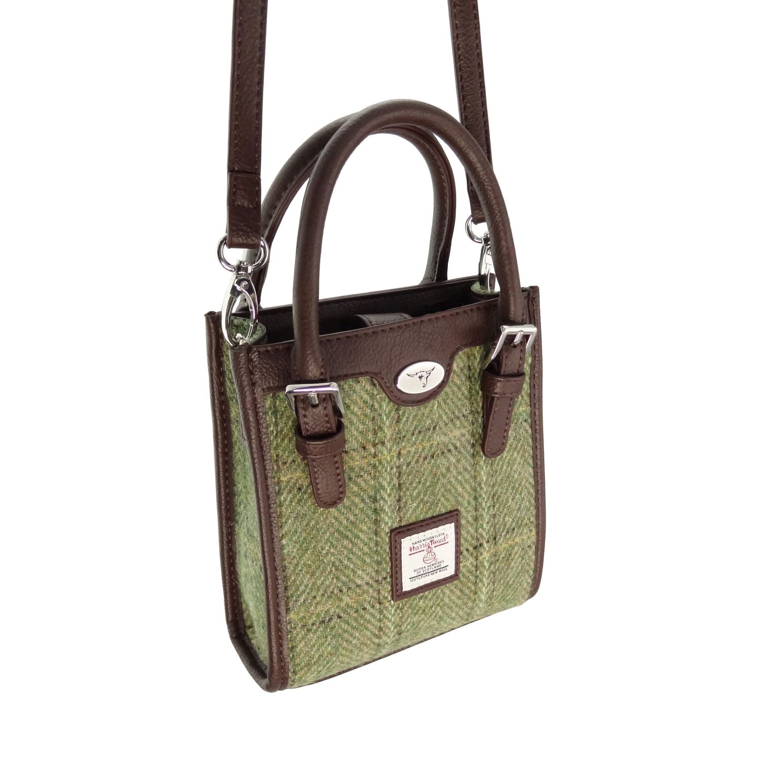 Harris Tweed Keltie Tall Mini Tote Bag Green Herringbone with Overcheck