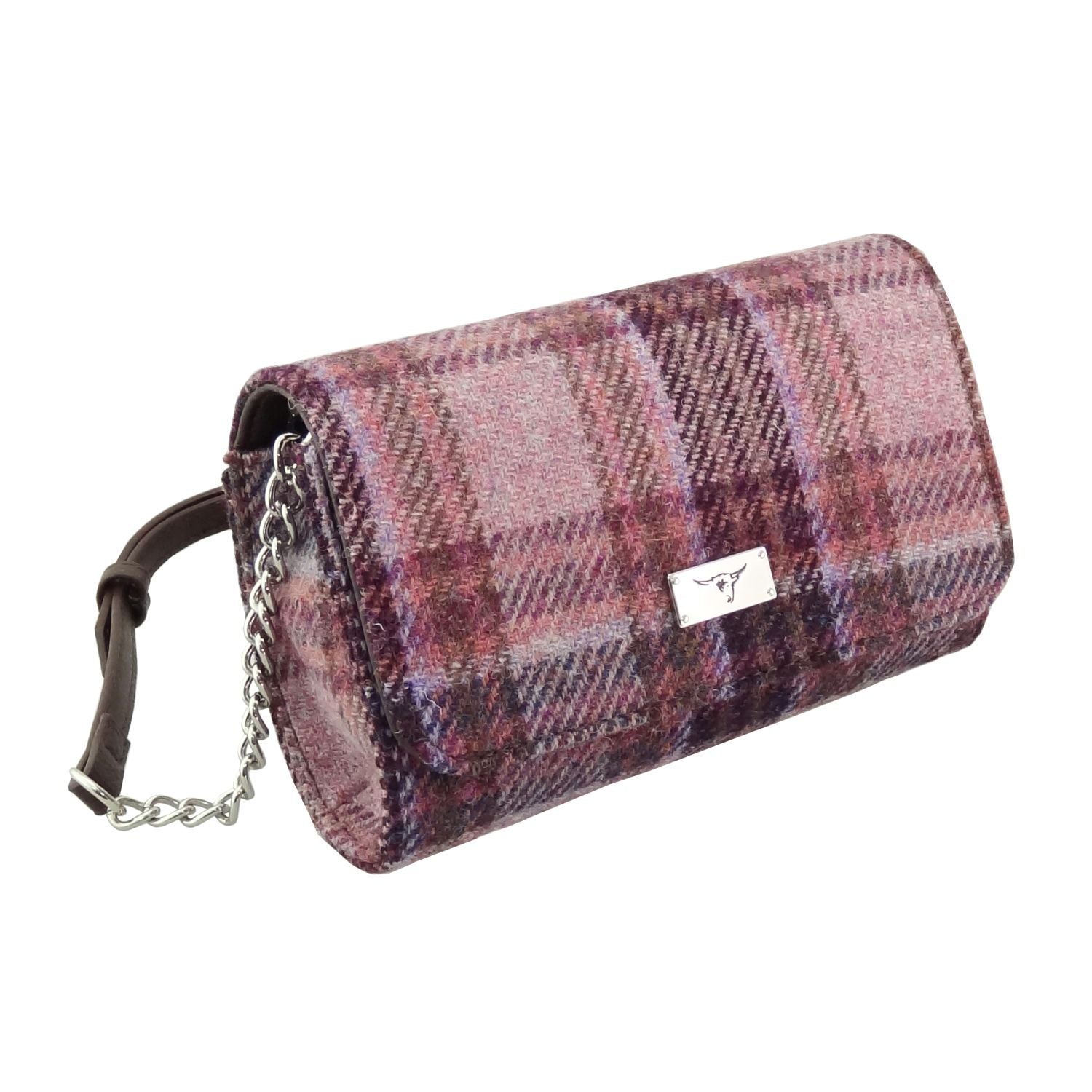 Harris Tweed Strathy Wallet Shoulder Bag Pink/Burgundy Check | Harris Tweed Scotland