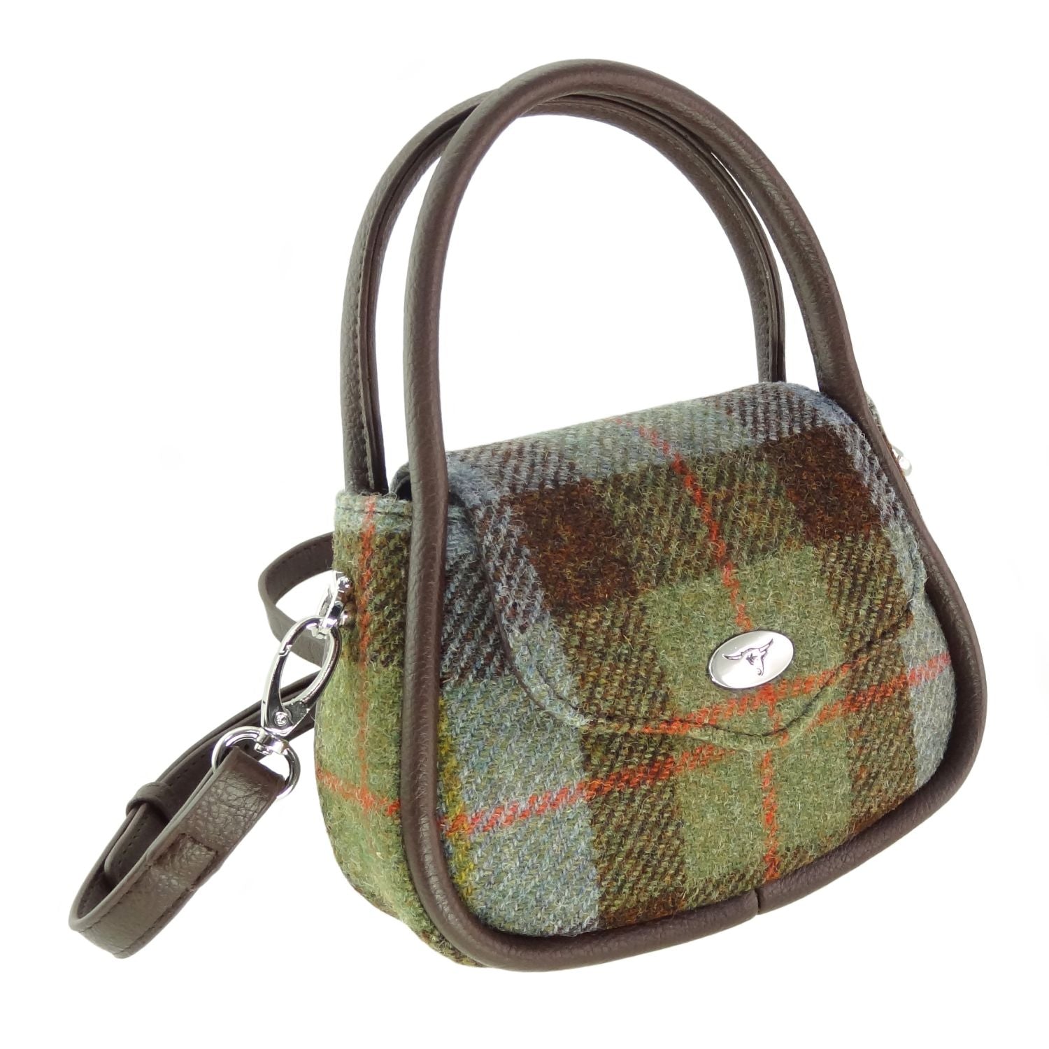 Glen Appin Harris Tweed Buchan Round Mini Handbag Green, Brown & Blue Check - COL15 | Harris Tweed Scotland