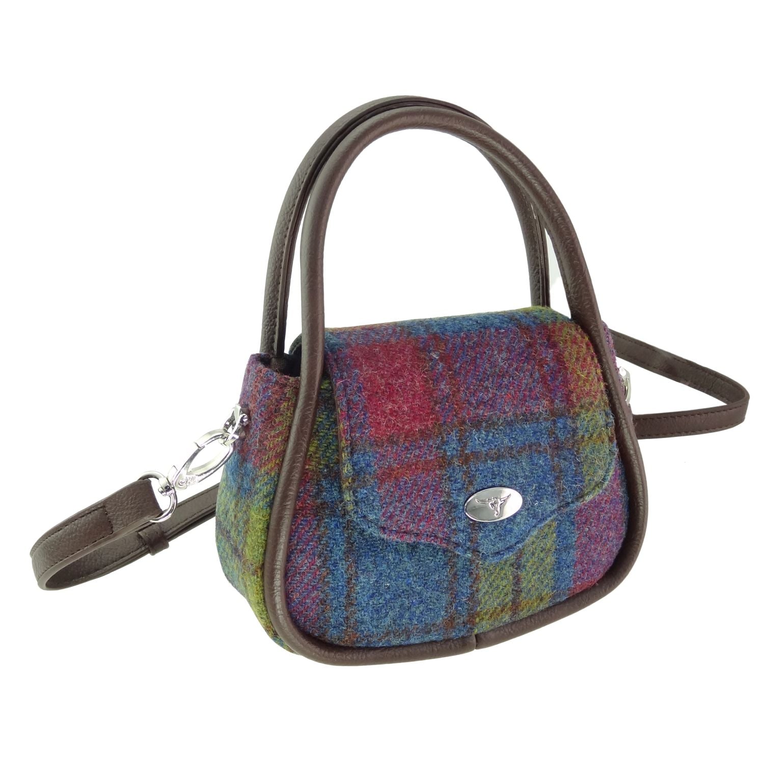 Glen Appin Harris Tweed Buchan Round Mini Handbag Purple, Green & Blue - COL46 | Harris Tweed Scotland