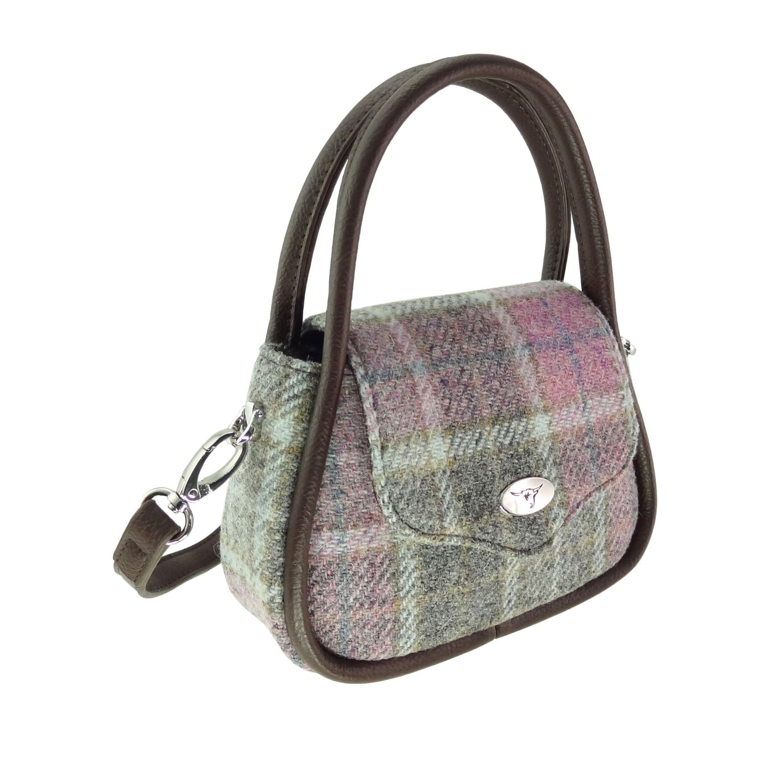 Glen Appin Harris Tweed Buchan Round Mini Handbag Purple & Grey Check - COL134 | Harris Tweed Scotland