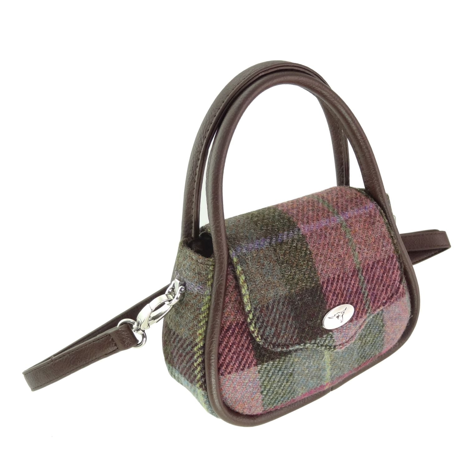 Glen Appin Harris Tweed Buchan Round Mini Handbag Green & Purple Check - COL137 | Harris Tweed Scotland