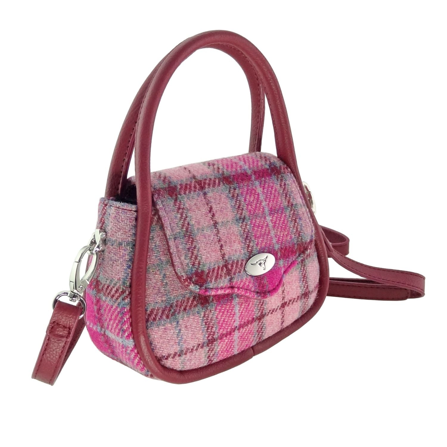 Glen Appin Harris Tweed Buchan Round Mini Handbag Pink & Purple Check - COL138 | Harris Tweed Scotland