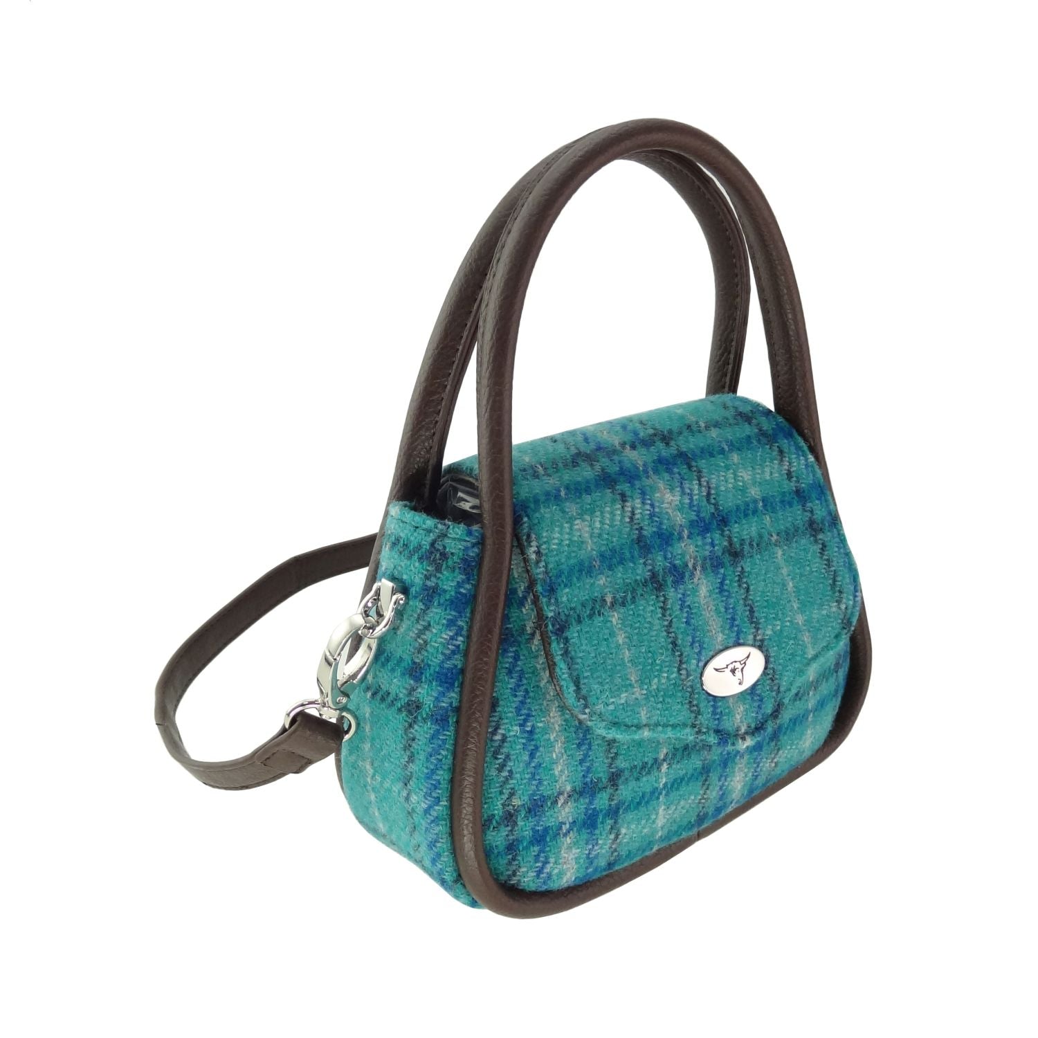 Glen Appin Harris Tweed Buchan Round Mini Handbag Blue Check - COL145 | Harris Tweed Scotland