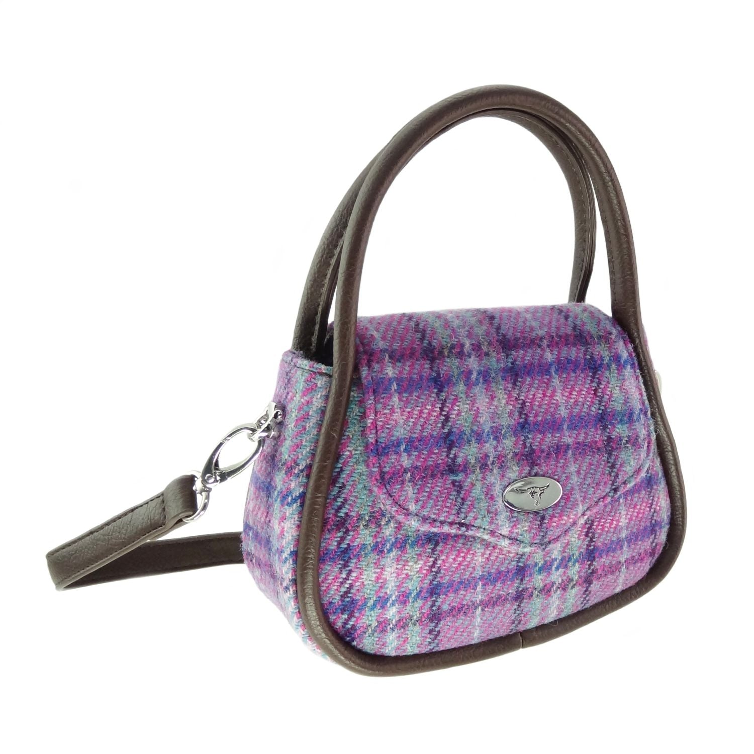 Glen Appin Harris Tweed Buchan Round Mini Handbag Purple Check - COL146 | Harris Tweed Scotland