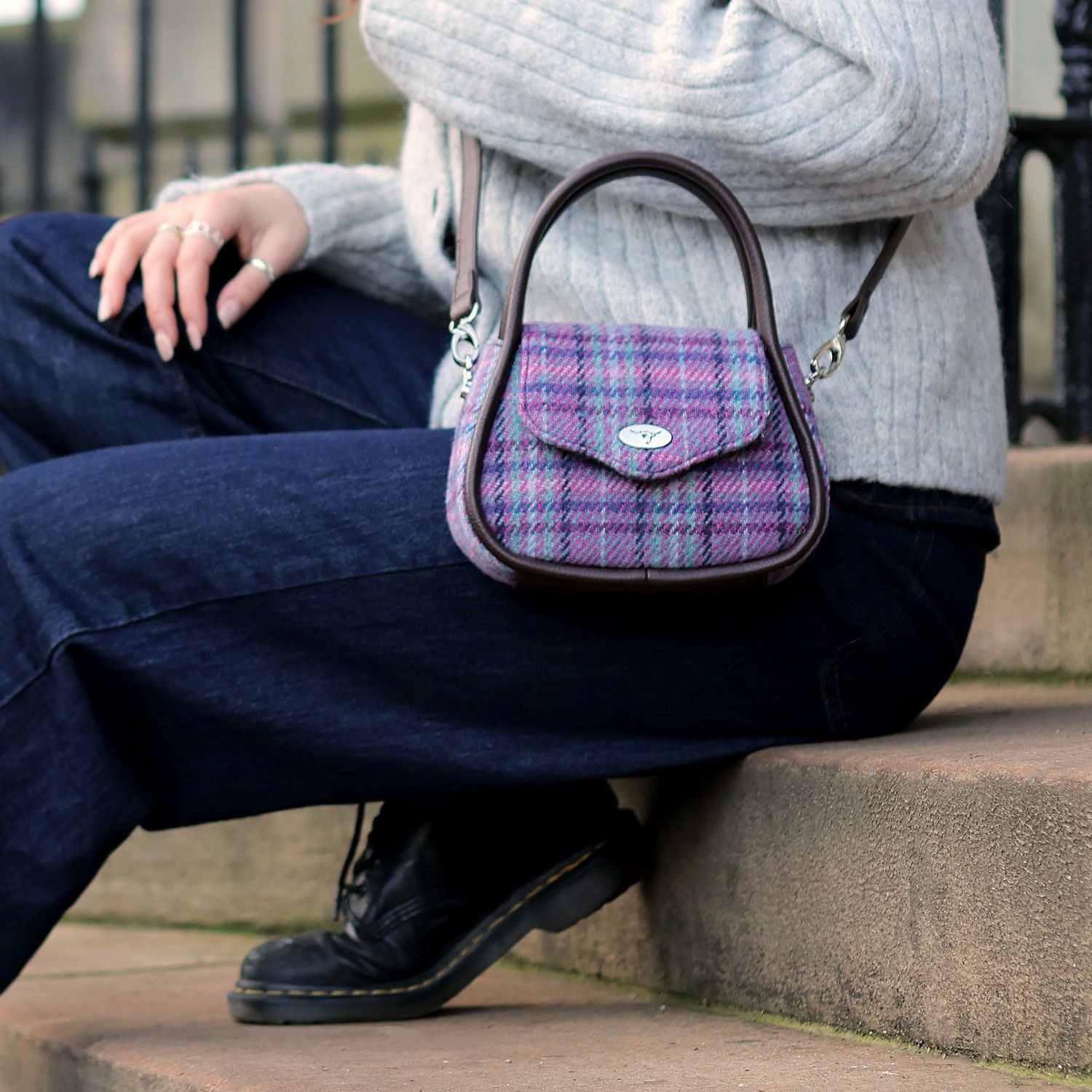 Glen Appin Harris Tweed Buchan Round Mini Handbag Purple Check - COL146 – Image 2 | Harris Tweed Scotland
