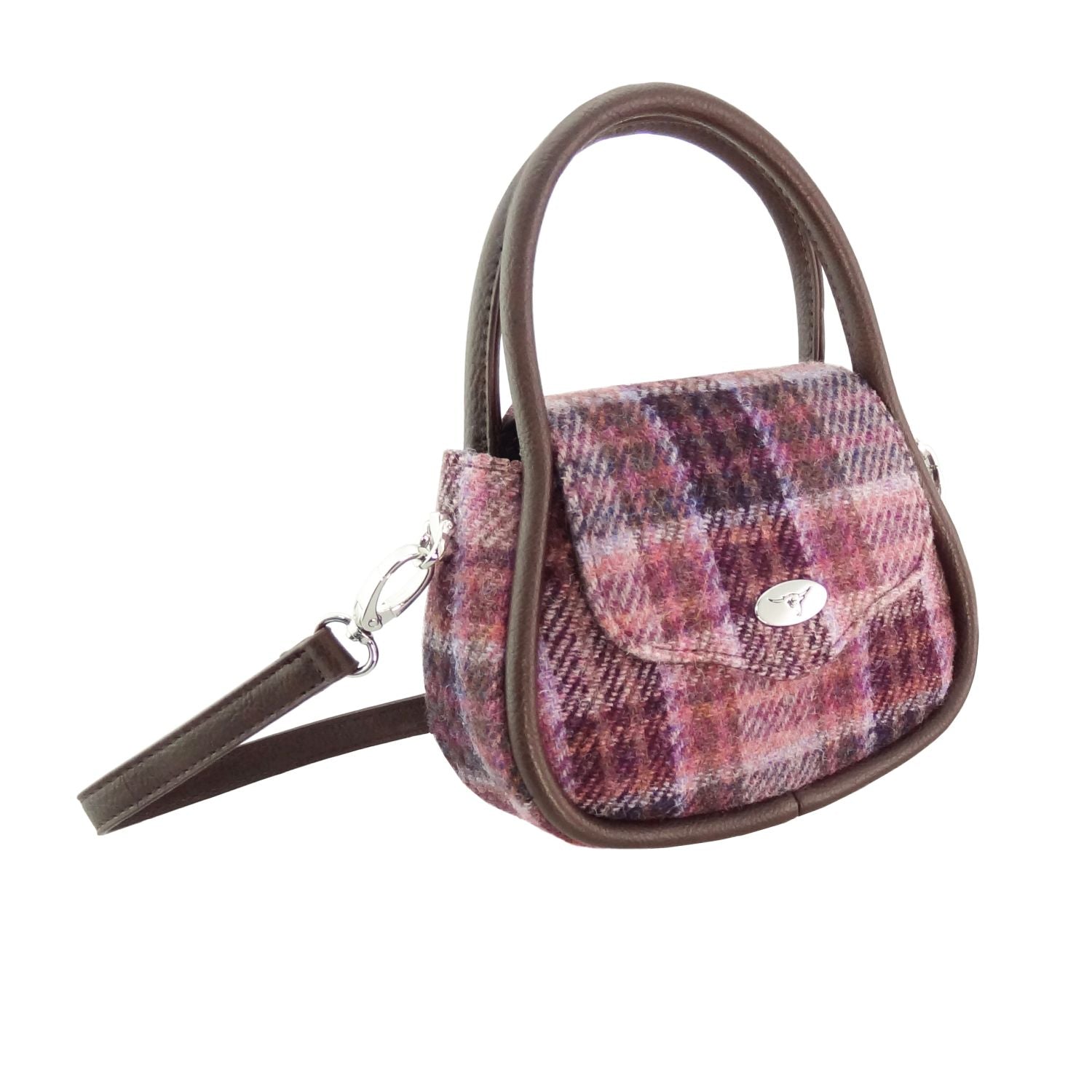 Glen Appin Harris Tweed Buchan Round Mini Handbag Pink/Burgundy Check | Harris Tweed Scotland