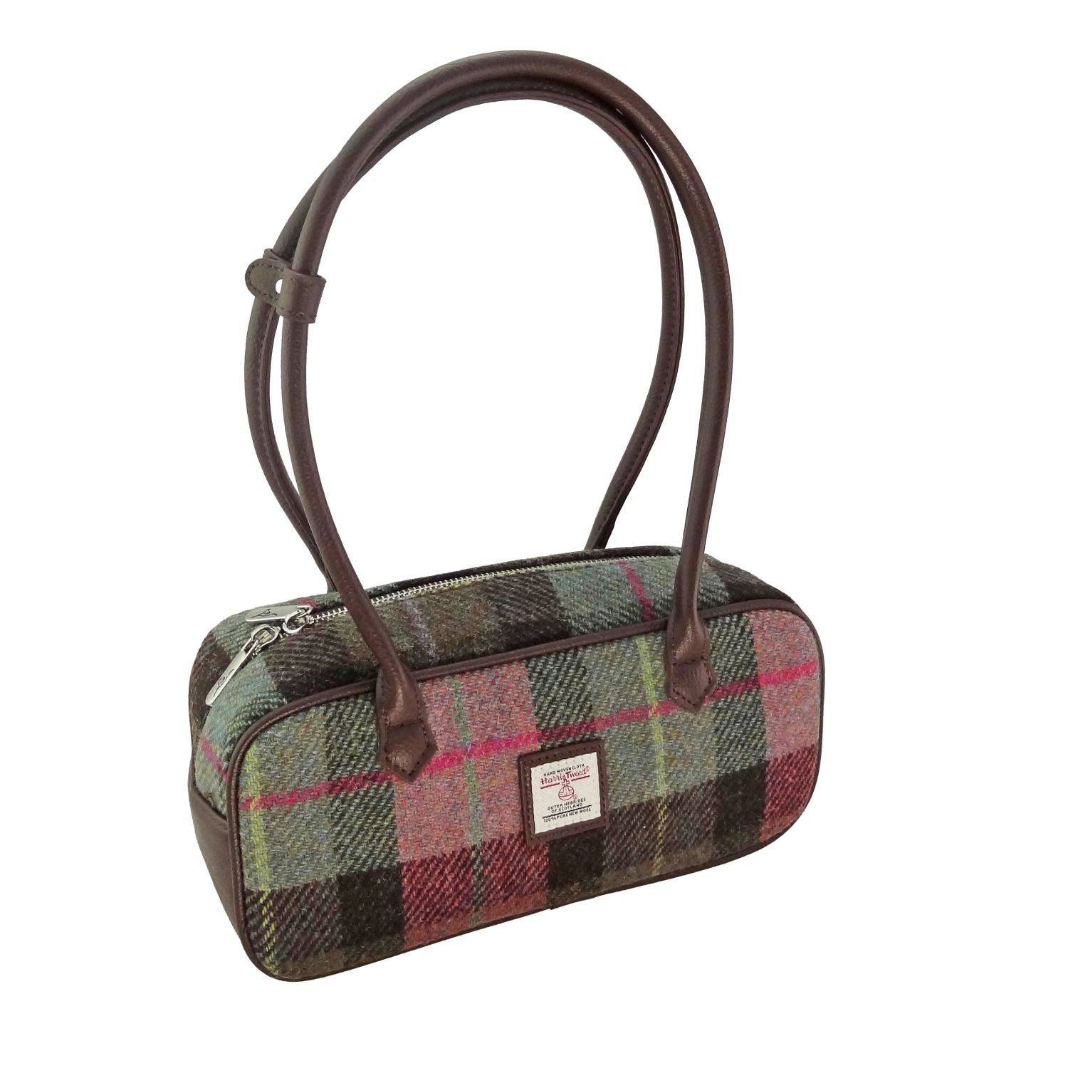 Glen Appin Harris Tweed ‘Tora’ Shoulder Bag (Muted Green & Rose Pink Tartan)