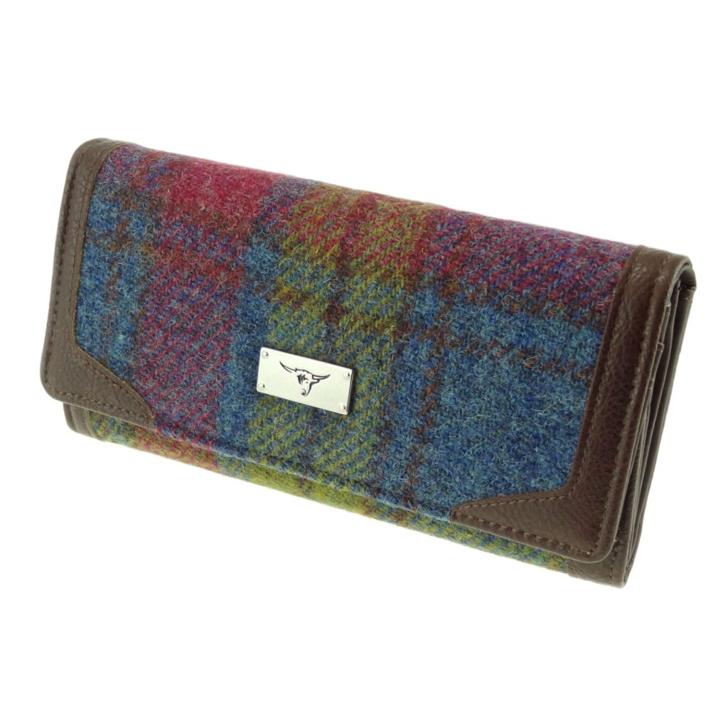 Bute Long Purse in Harris Tweed Purple, Blue & Lime Check Fabric- COL46 | Harris Tweed Scotland