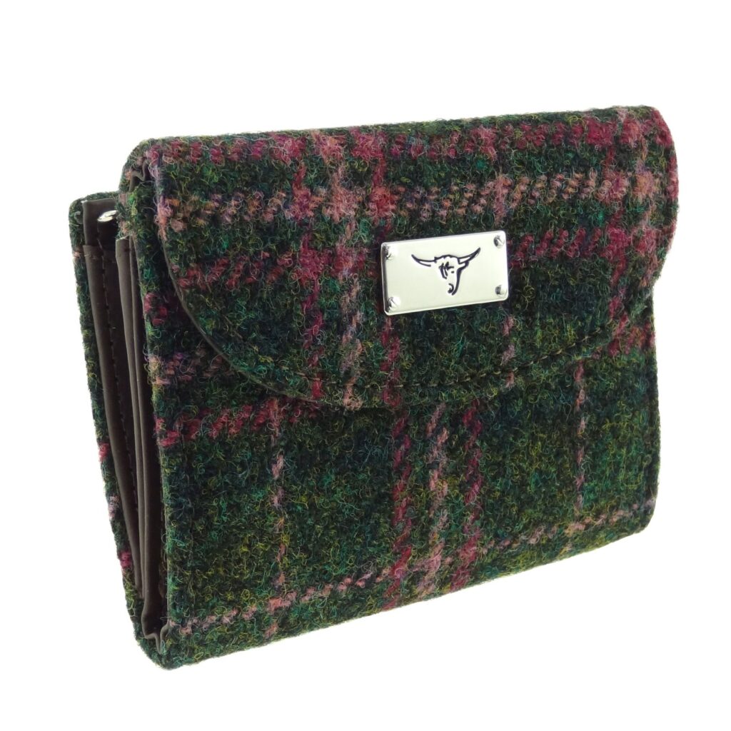 Jura Short Purse with Harris Tweed Green & Purple Check Fabric - COL107 | Harris Tweed Scotland