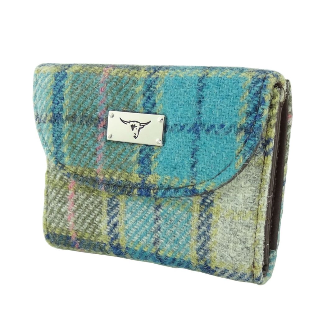 Jura Short Purse with Harris Tweed Light Blue & Beige Check Fabric - COL122 | Harris Tweed Scotland