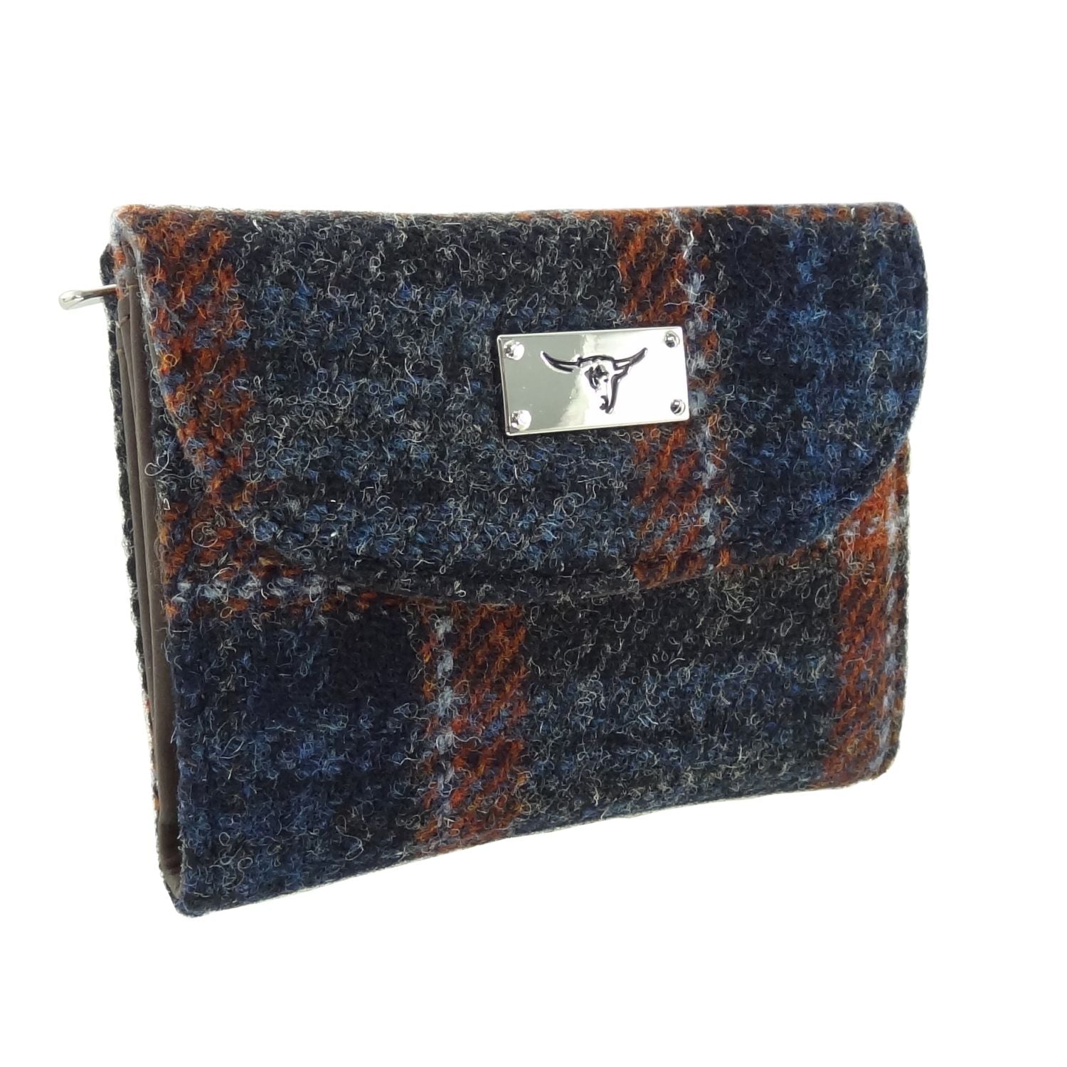 Jura Short Purse with Harris Tweed Navy Blue & Orange Check Fabric - COL127 | Harris Tweed Scotland