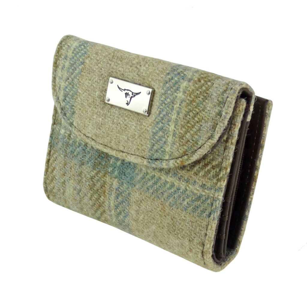Jura Short Purse with Harris Tweed Beige & Mint Green Check Fabric - COL132 | Harris Tweed Scotland