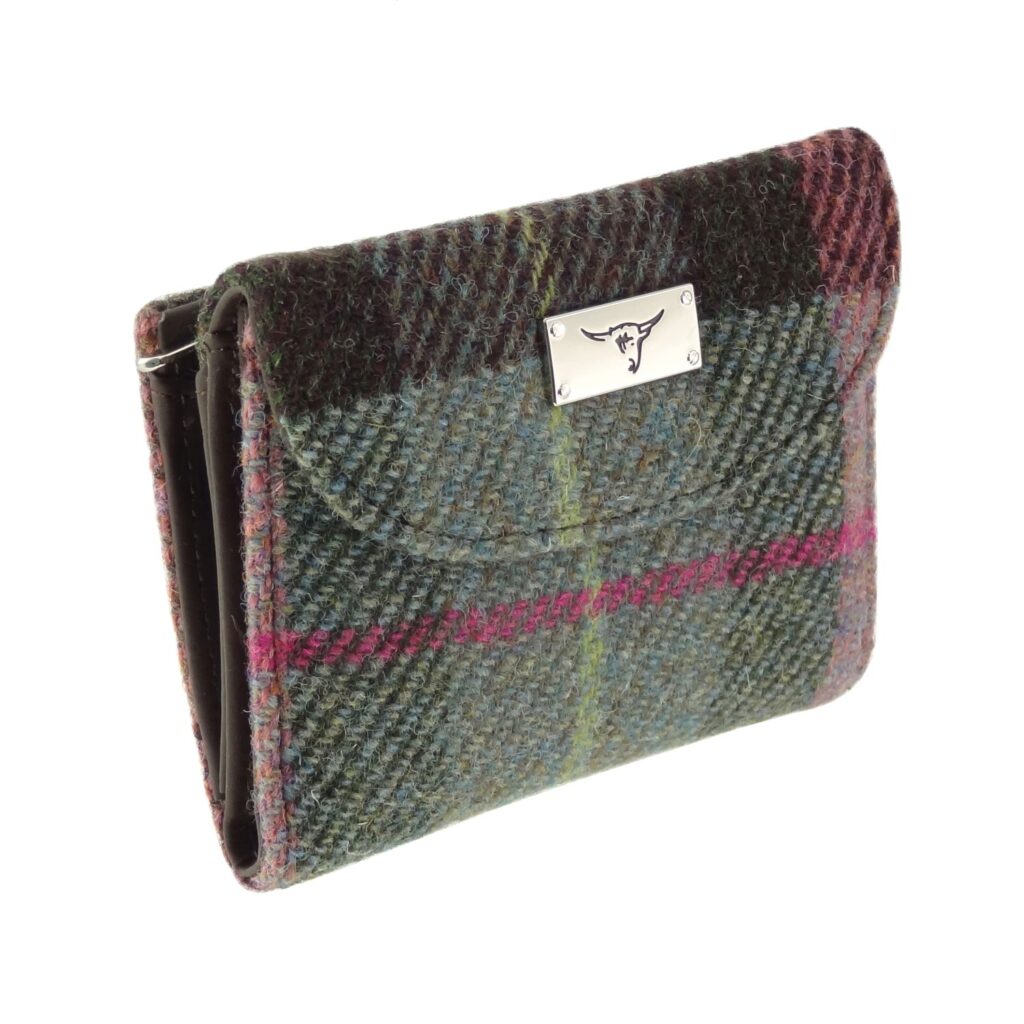 Jura Short Purse with Harris Tweed Purple, Black & Grey Check Fabric - COL137 | Harris Tweed Scotland