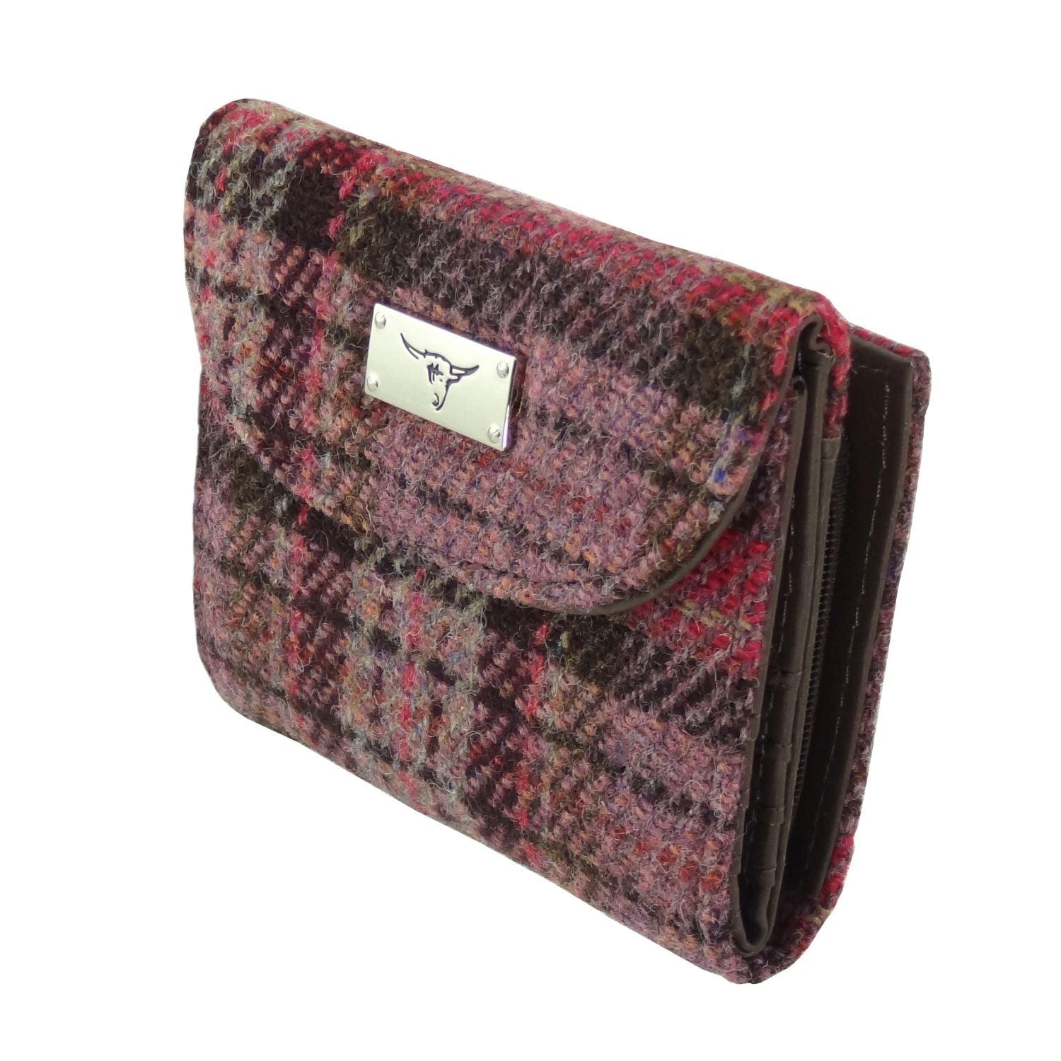 Jura Short Purse with Harris Tweed Purple & Burgundy Check Fabric - COL144 | Harris Tweed Scotland