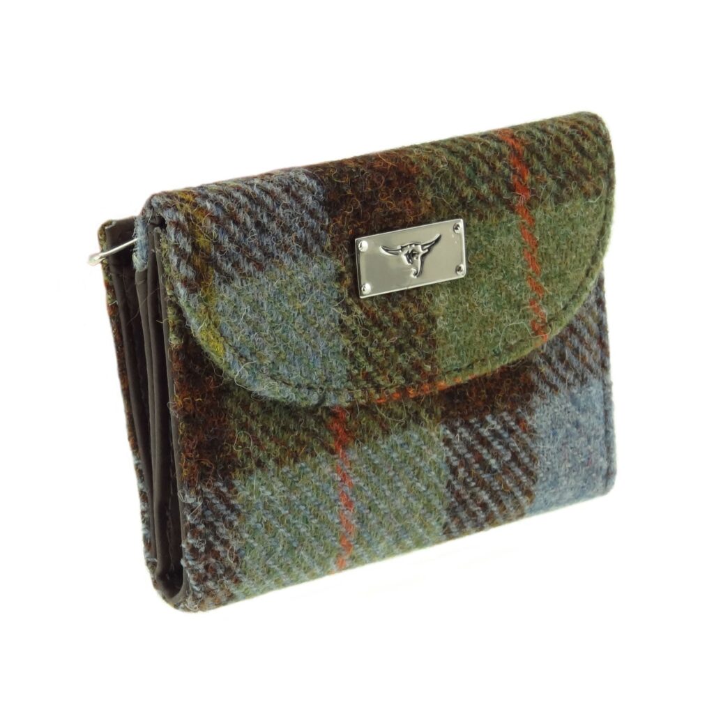 Jura Short Purse with Harris Tweed Brow, Blue & Green Check Fabric - COL15 | Harris Tweed Scotland