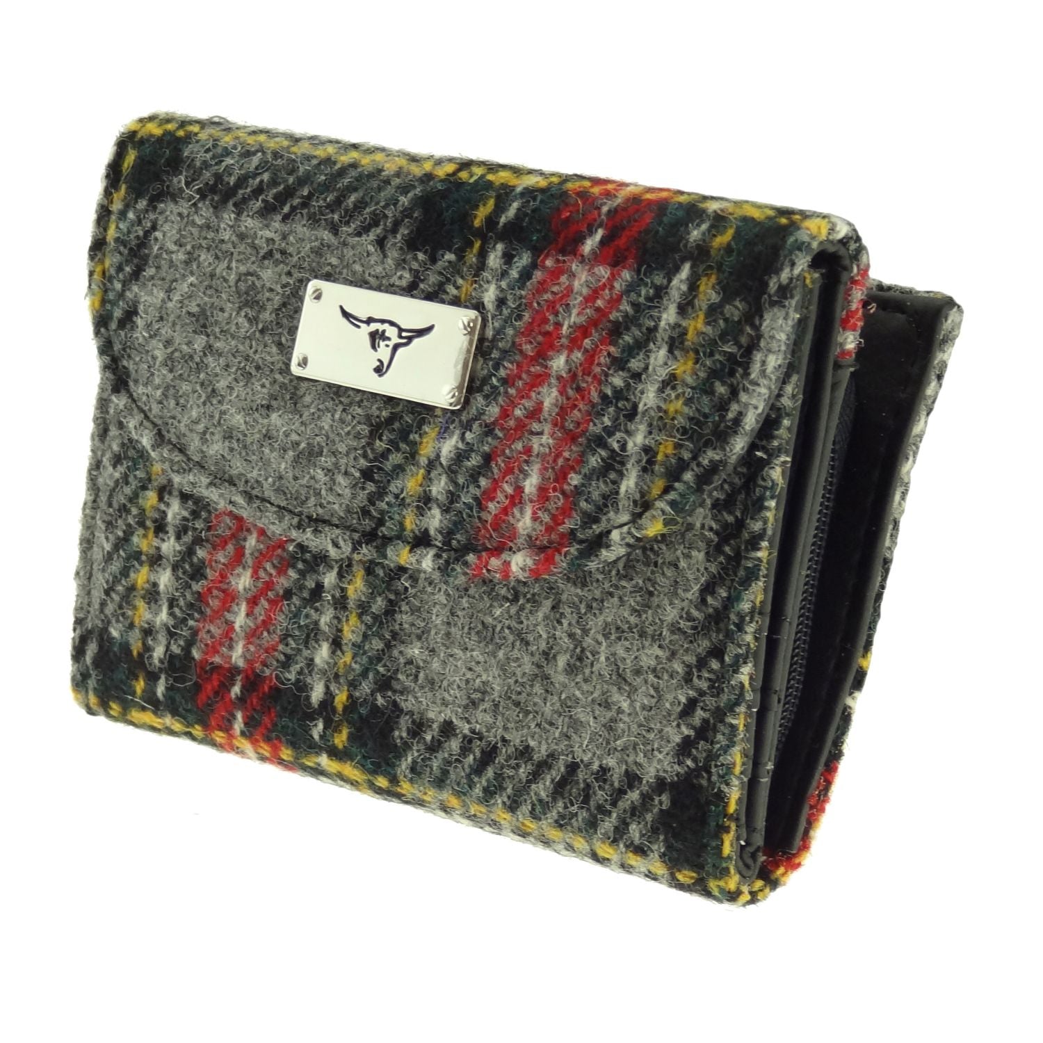 Jura Short Purse with Harris Tweed Grey, Red & Yellow Check Fabric - COL96 | Harris Tweed Scotland
