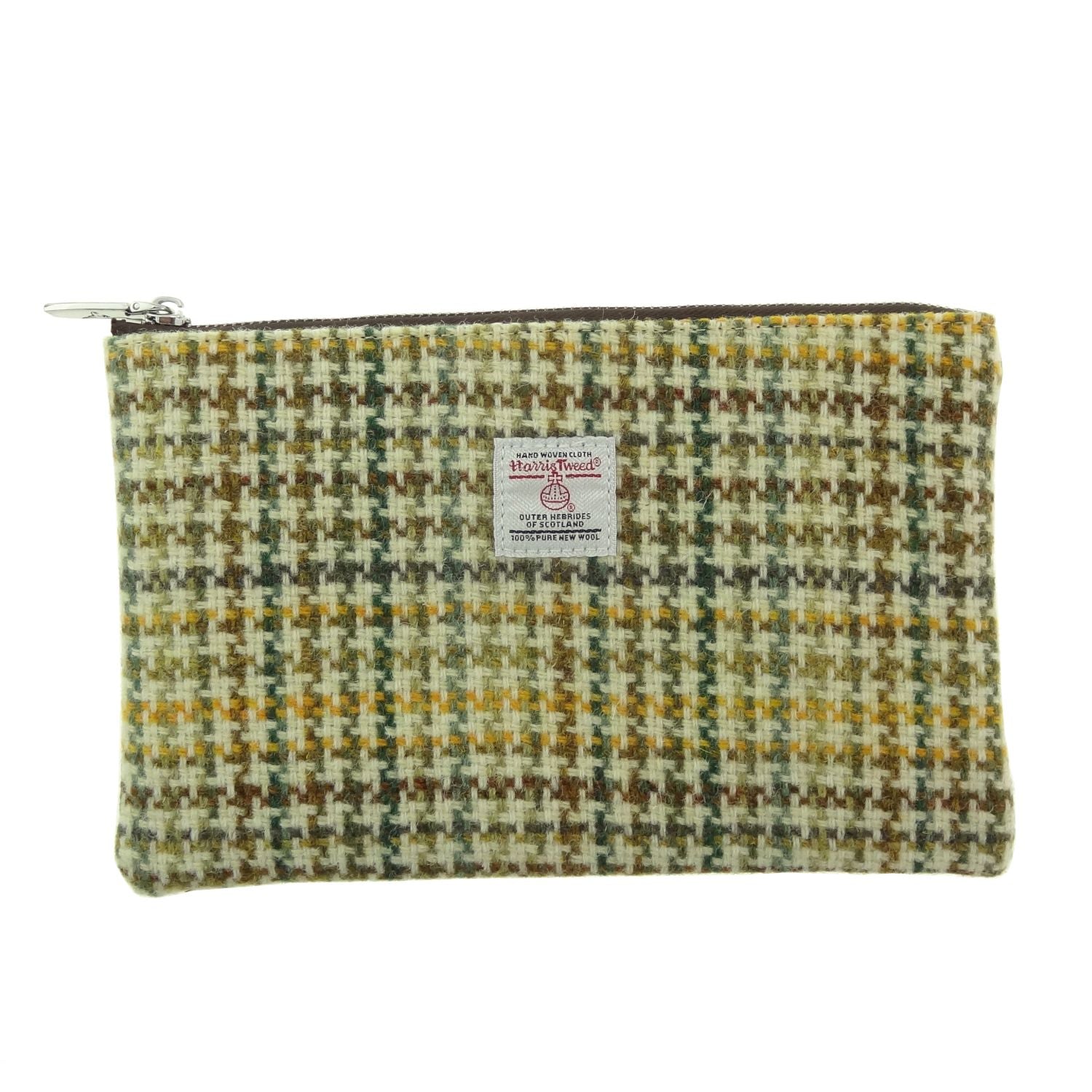 Harris Tweed Scotland Medium Zip Pouch (Yellow, Green & Brown Dogtooth)