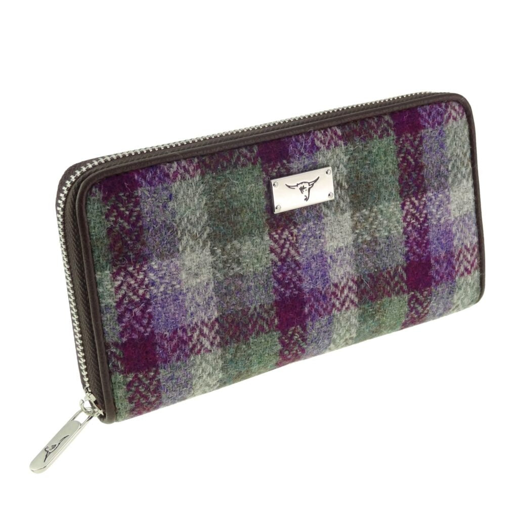 Harris Tweed Staffa Long Zip Purse Purple & Green Check - COL133 | Harris Tweed Scotland