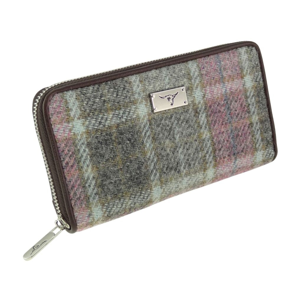 Harris Tweed Staffa Long Zip Purse Purple & Grey Check - COL134 | Harris Tweed Scotland