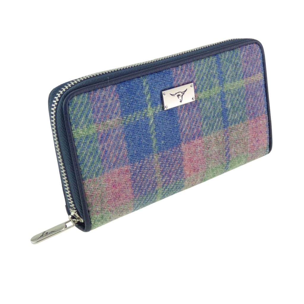 Harris Tweed Staffa Long Zip Purse Purple & Blue Check - COL135 | Harris Tweed Scotland
