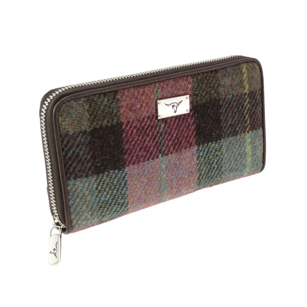 Harris Tweed Staffa Long Zip Purse Green & Purple Check - COL137 | Harris Tweed Scotland