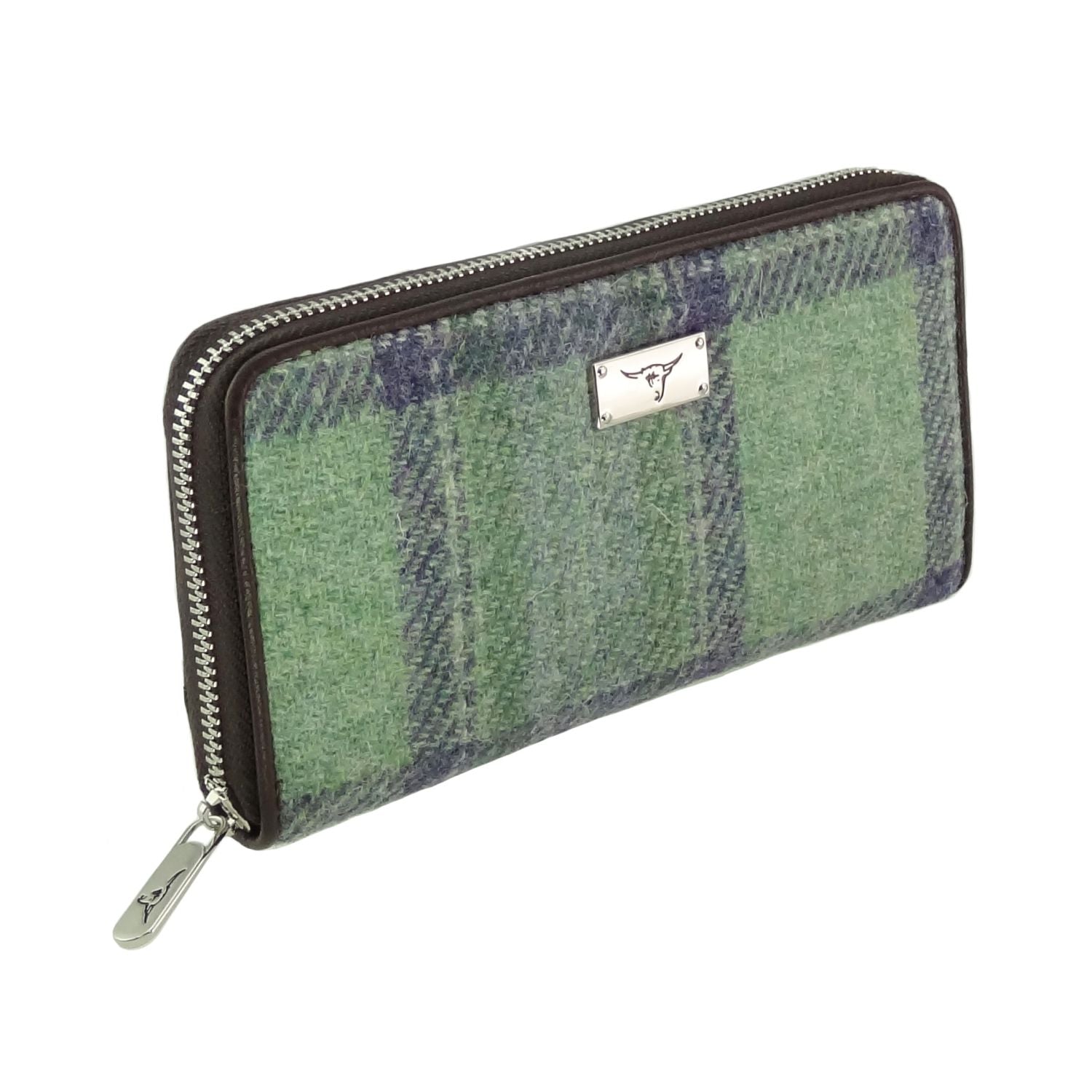 Staffa Long Zip Purse Harris Tweed Mint Green & Blue Check - COL139 | Harris Tweed Scotland