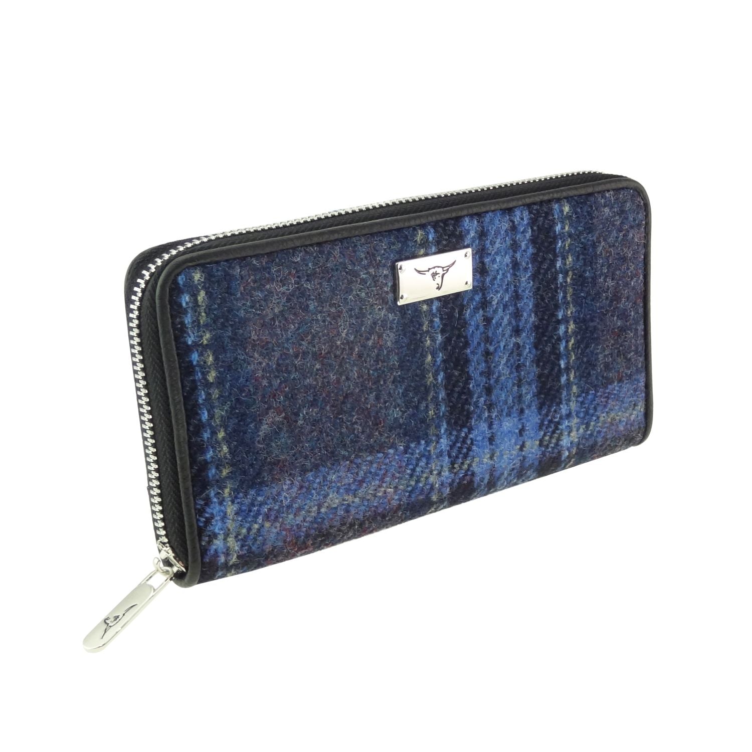 Staffa Long Zip Purse Harris Tweed Navy Blue & Purple Check - COL143 | Harris Tweed Scotland