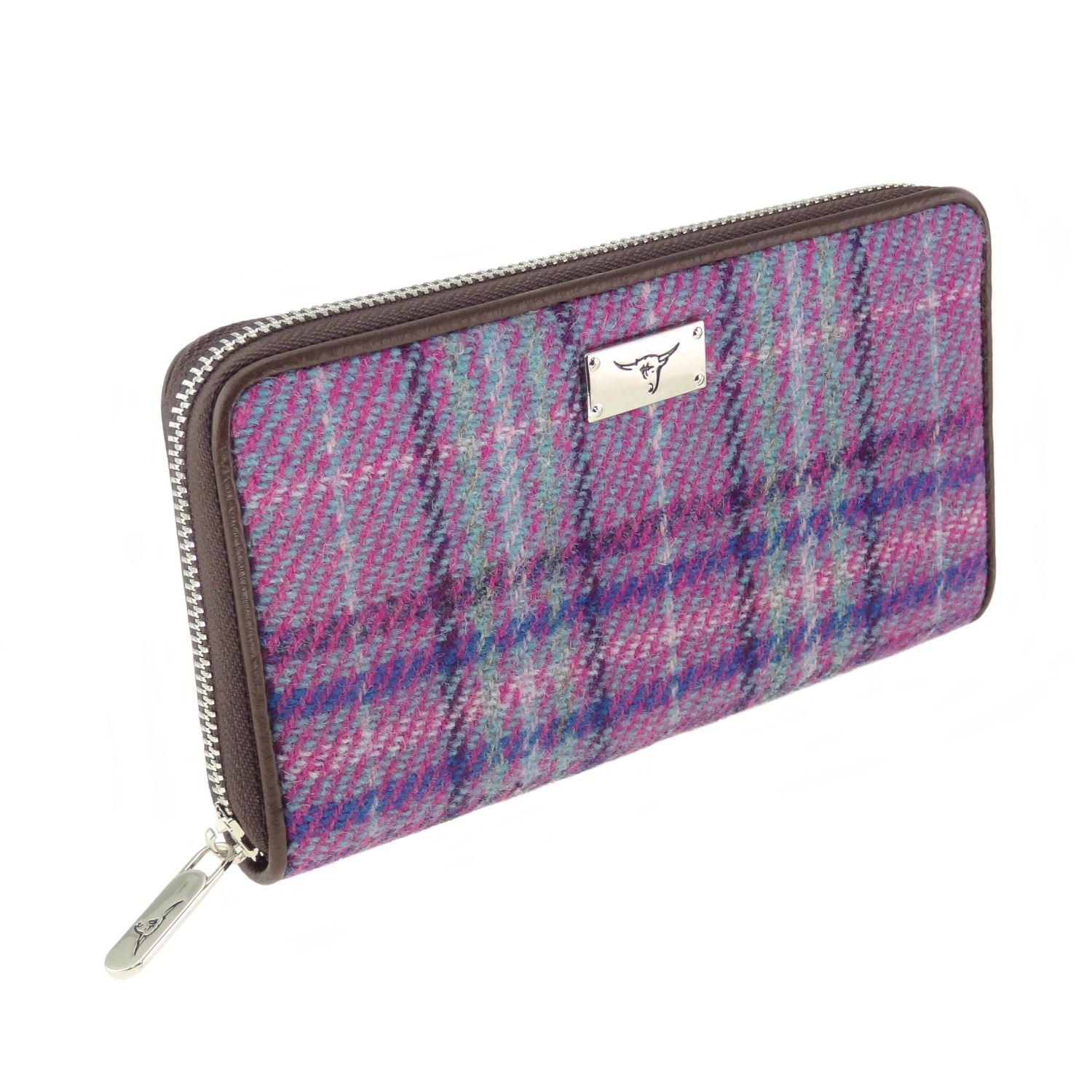 Staffa Long Zip Purse Harris Tweed Purple, Pink & Blue Check Fabric - COL146 | Harris Tweed Scotland