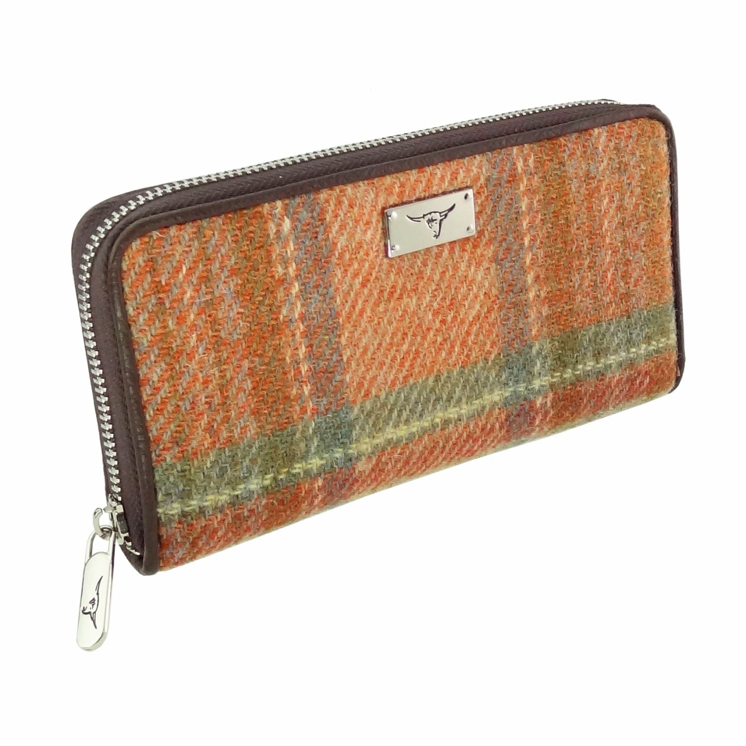 Staffa Long Zip Purse with Harris Tweed Burnt Orange & Green Check - COL148 | Harris Tweed Scotland