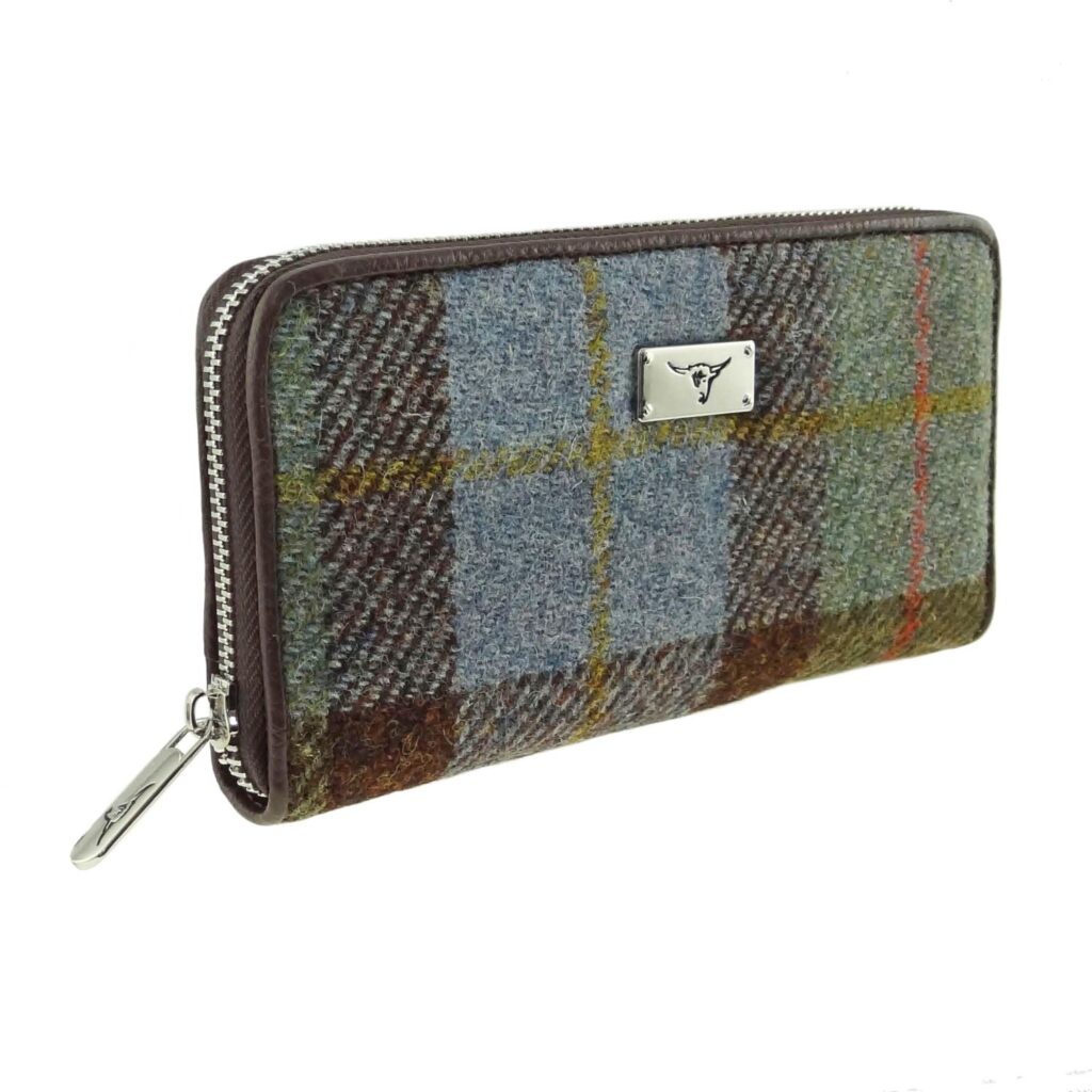 Harris Tweed Staffa Long Zip Purse Brown, Blue & Green Check - COL15 | Harris Tweed Scotland