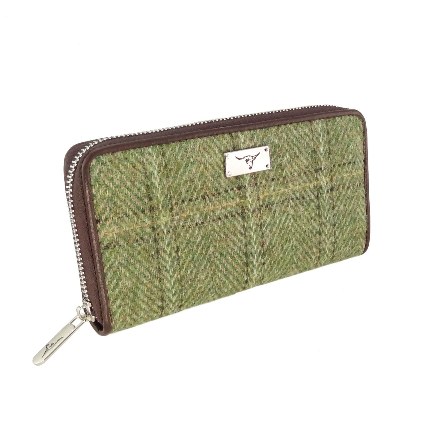 Staffa Long Zip Purse Harris Tweed Scotland Green Herringbone with Overcheck