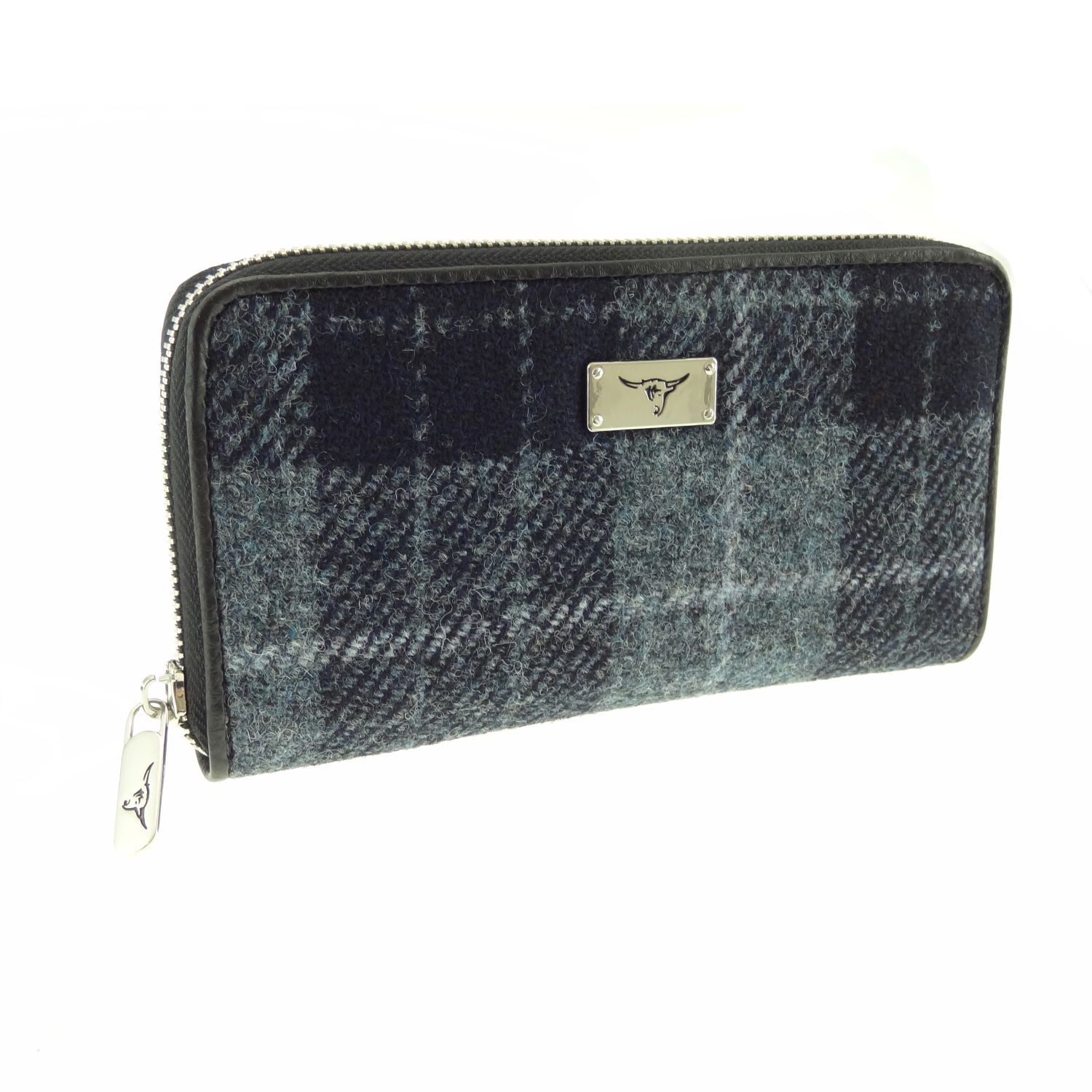 Harris Tweed Staffa Long Zip Purse Navy Blue Check - COL95 | Harris Tweed Scotland