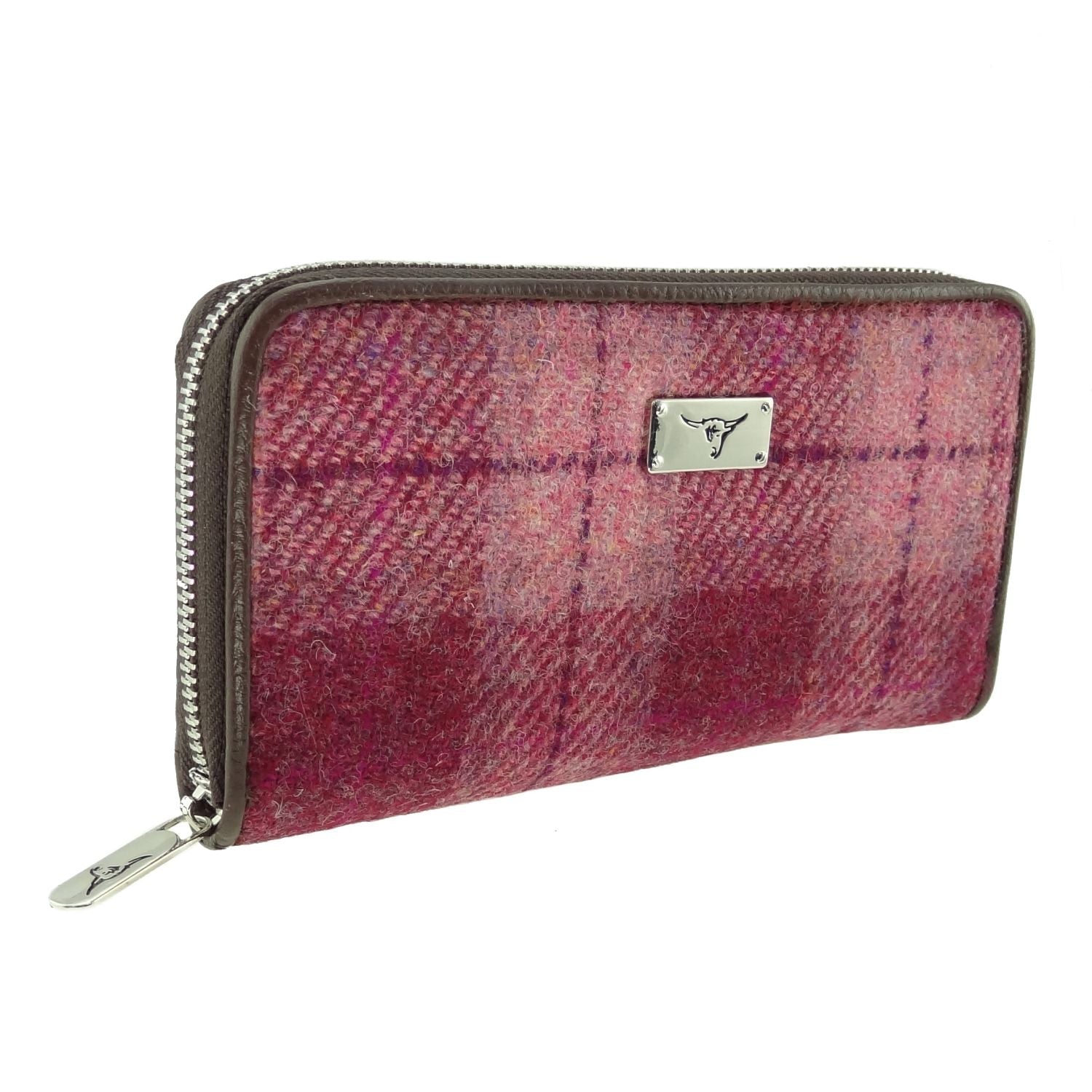 Harris Tweed Staffa Long Zip Purse Pink & Burgundy Check - COL99 | Harris Tweed Scotland