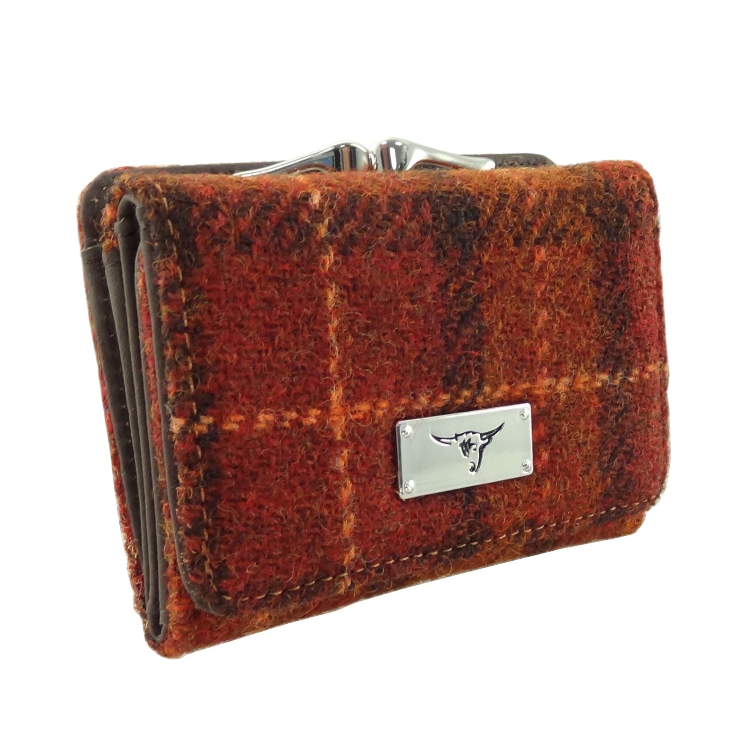 Unst Small Clasp Purse with Harris Tweed Burnt Orange & Brown Check Fabric - COL117 | Harris Tweed Scotland