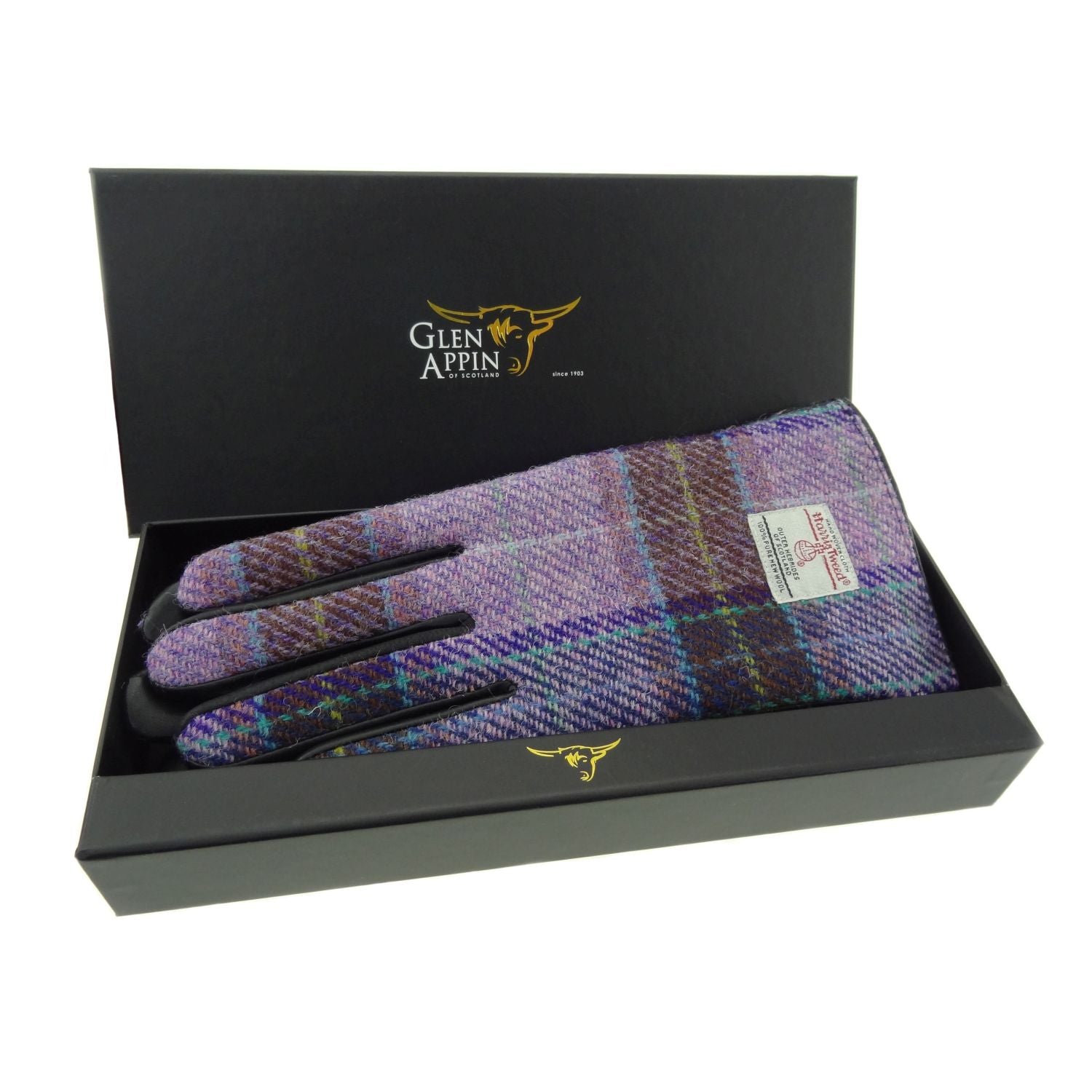 Ladies Brown Leather Gloves with Harris Tweed Purple, Blue Check Fabric Gift Boxed - COL114 | Harris Tweed Scotland