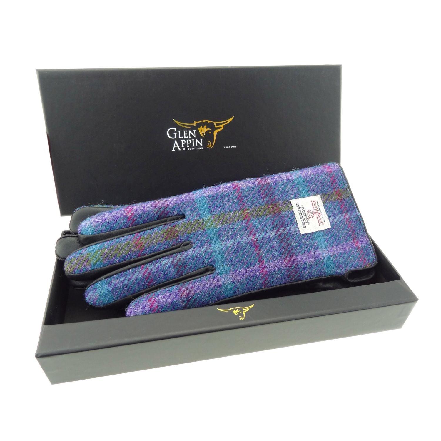 Ladies Brown Leather Gloves with Harris Tweed Purple, Blue Check Fabric Gift Boxed - COL114 – Image 2 | Harris Tweed Scotland