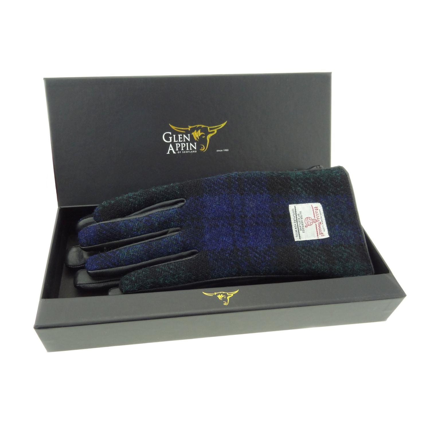 Ladies Brown Leather Gloves with Harris Tweed Purple, Blue Check Fabric Gift Boxed - COL114 – Image 3 | Harris Tweed Scotland
