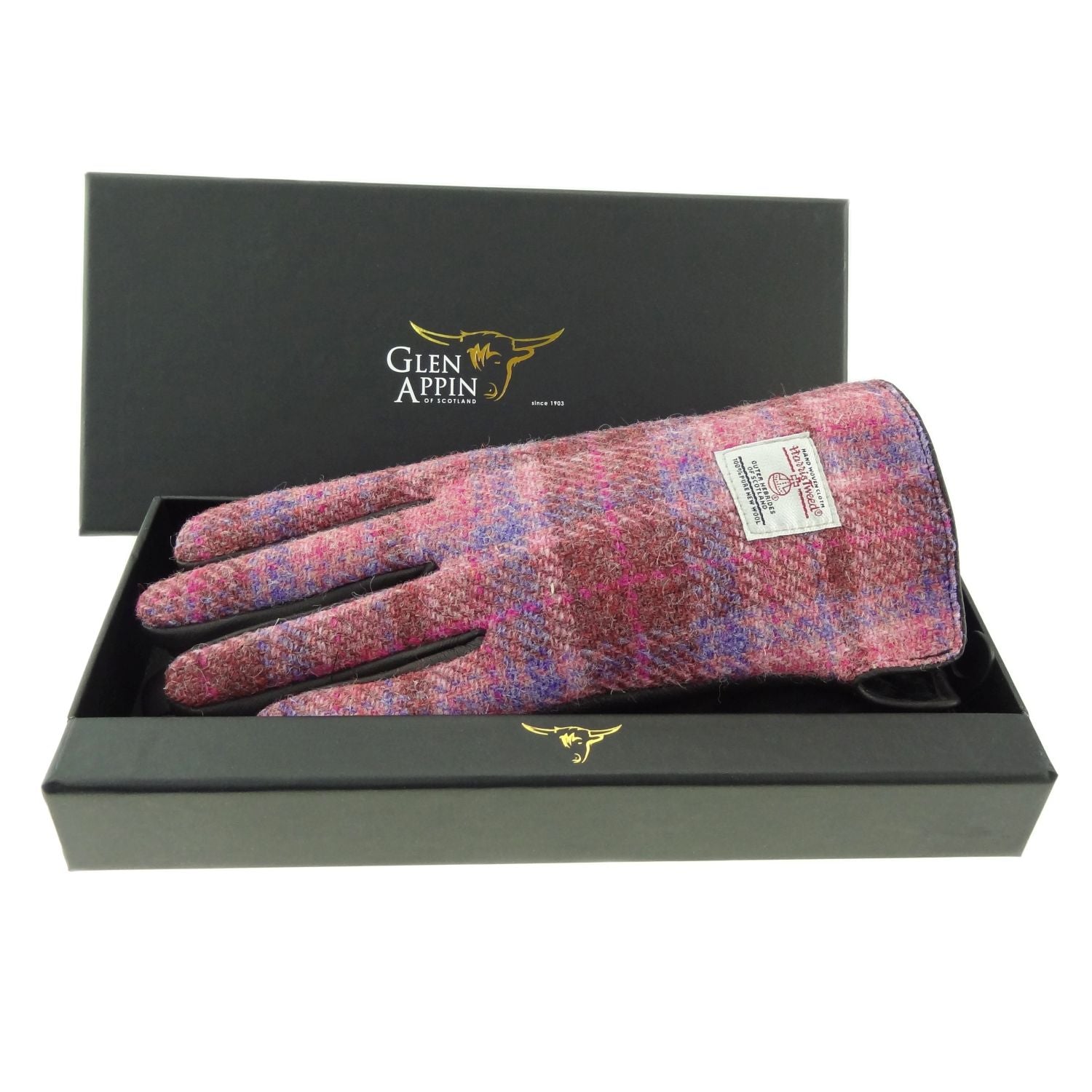 Ladies Brown Leather Gloves with Harris Tweed Purple, Blue Check Fabric Gift Boxed - COL114 – Image 6 | Harris Tweed Scotland