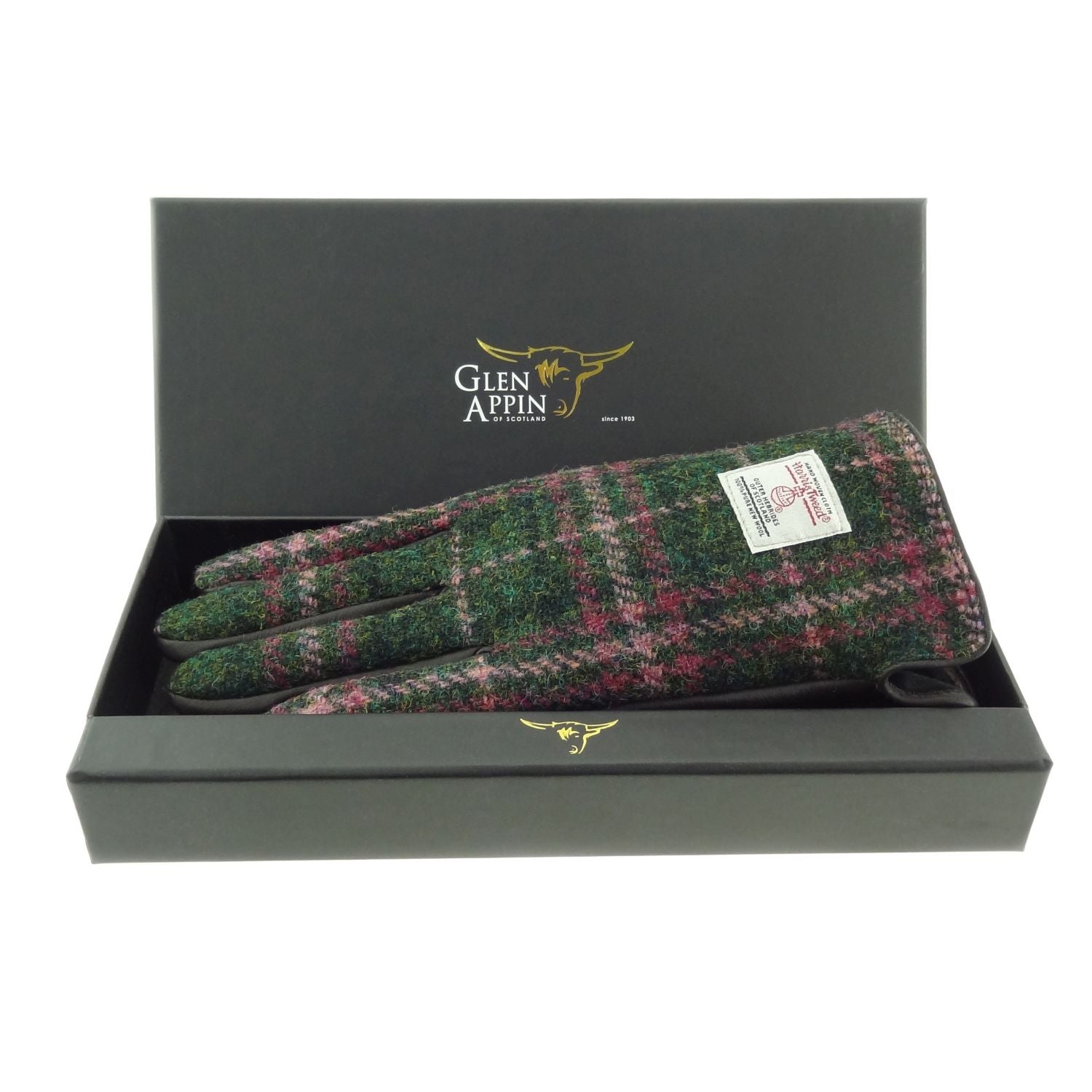 Ladies Brown Leather Gloves with Harris Tweed Purple, Blue Check Fabric Gift Boxed - COL114 – Image 5 | Harris Tweed Scotland