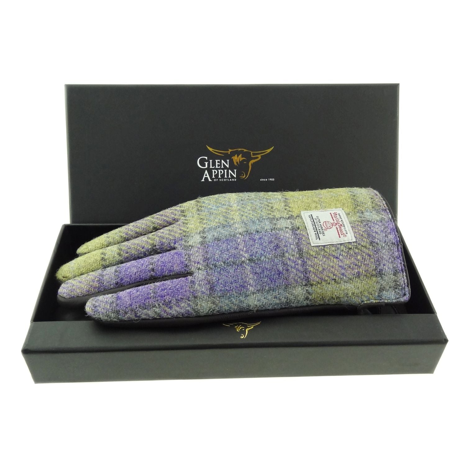 Ladies Brown Leather Gloves with Harris Tweed Purple, Blue Check Fabric Gift Boxed - COL114 – Image 8 | Harris Tweed Scotland
