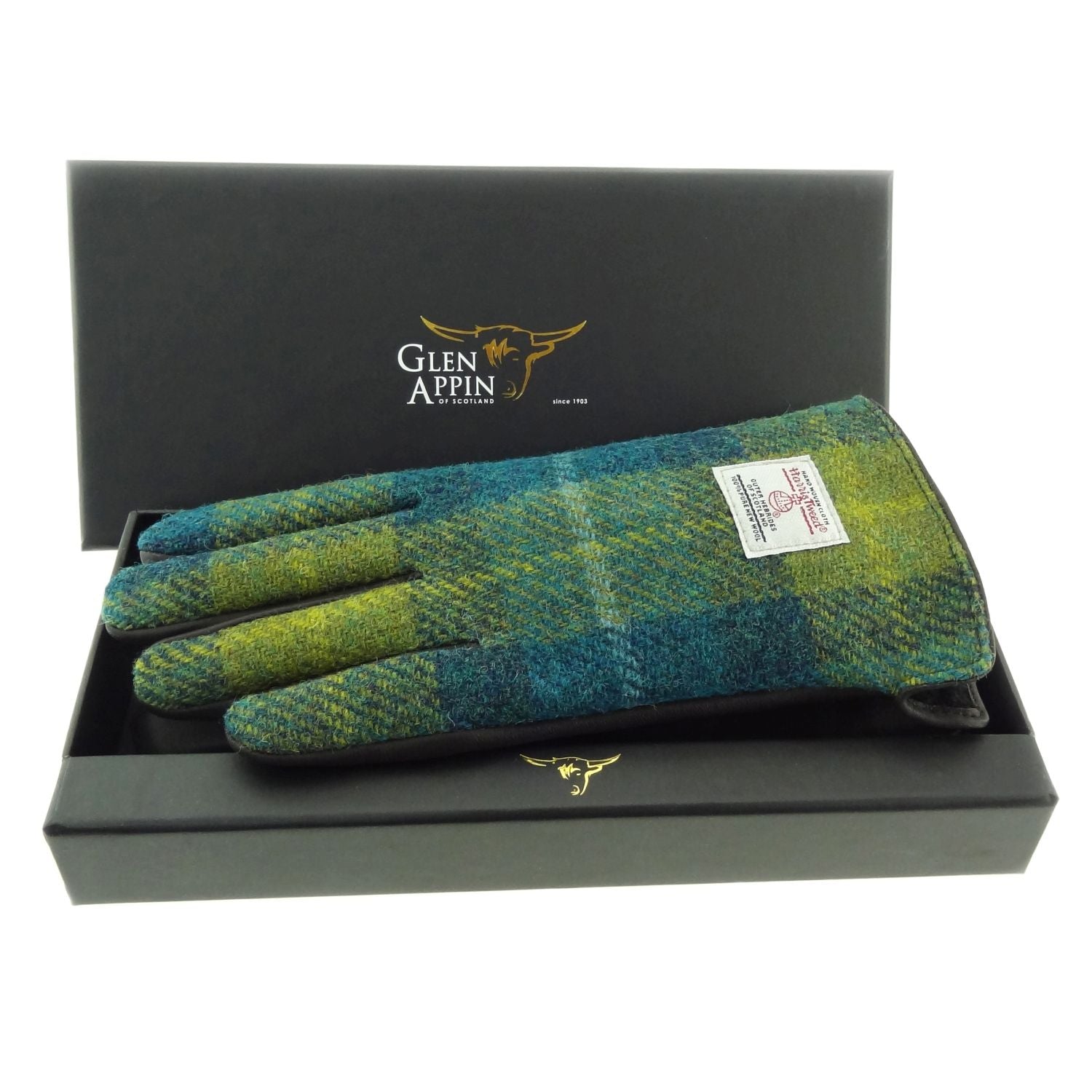 Ladies Brown Leather Gloves with Harris Tweed Purple, Blue Check Fabric Gift Boxed - COL114 – Image 7 | Harris Tweed Scotland