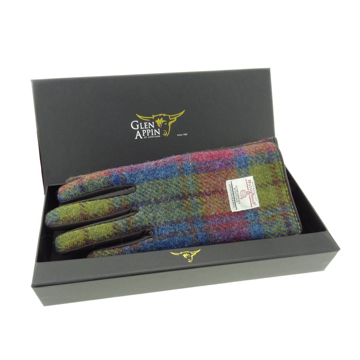 Ladies Leather Gloves Gift with Harris Tweed Purple, Blue & Lime Check Fabric - COL46 | Harris Tweed Scotland