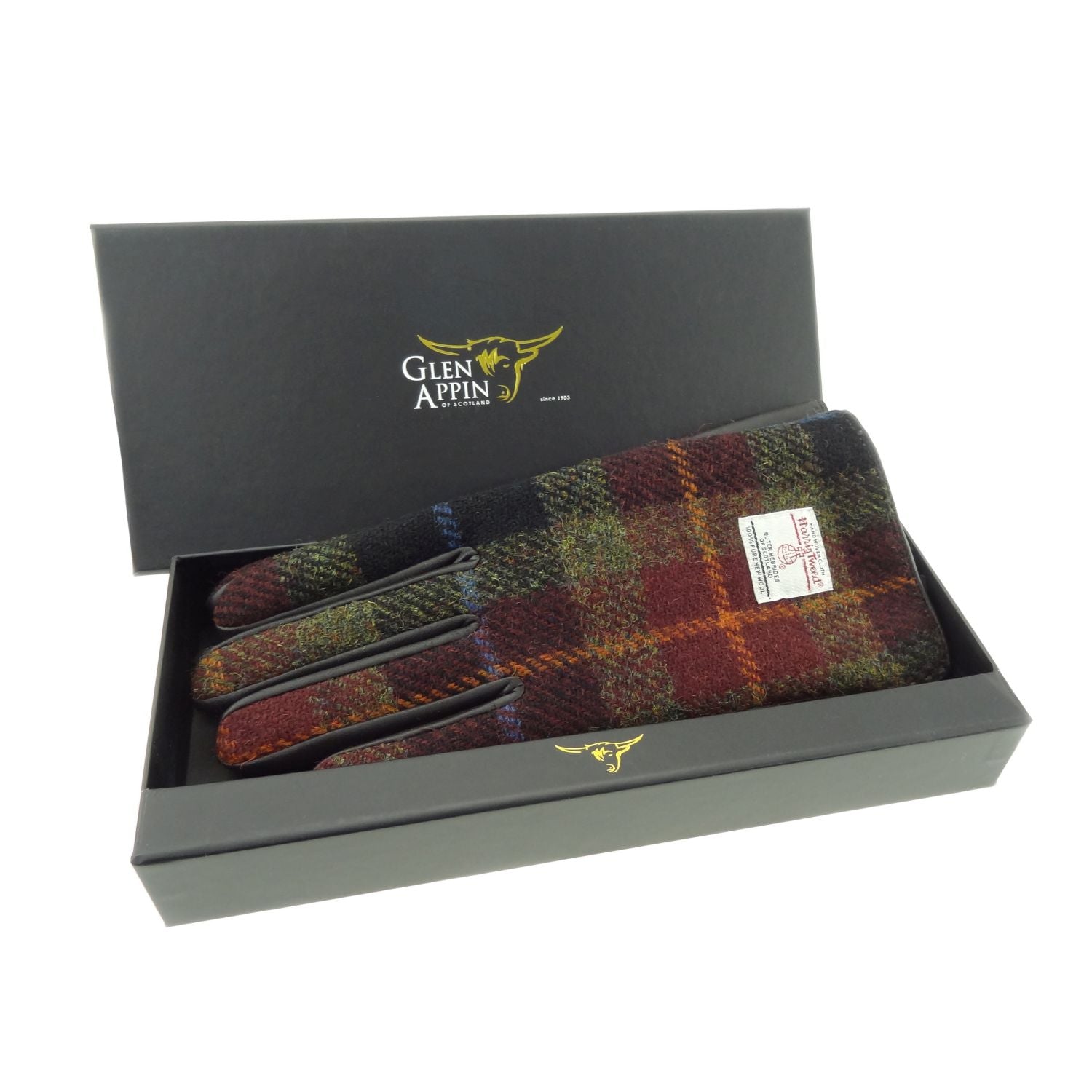 Ladies Brown Leather Gloves with Harris Tweed Purple, Blue Check Fabric Gift Boxed - COL114 – Image 4 | Harris Tweed Scotland