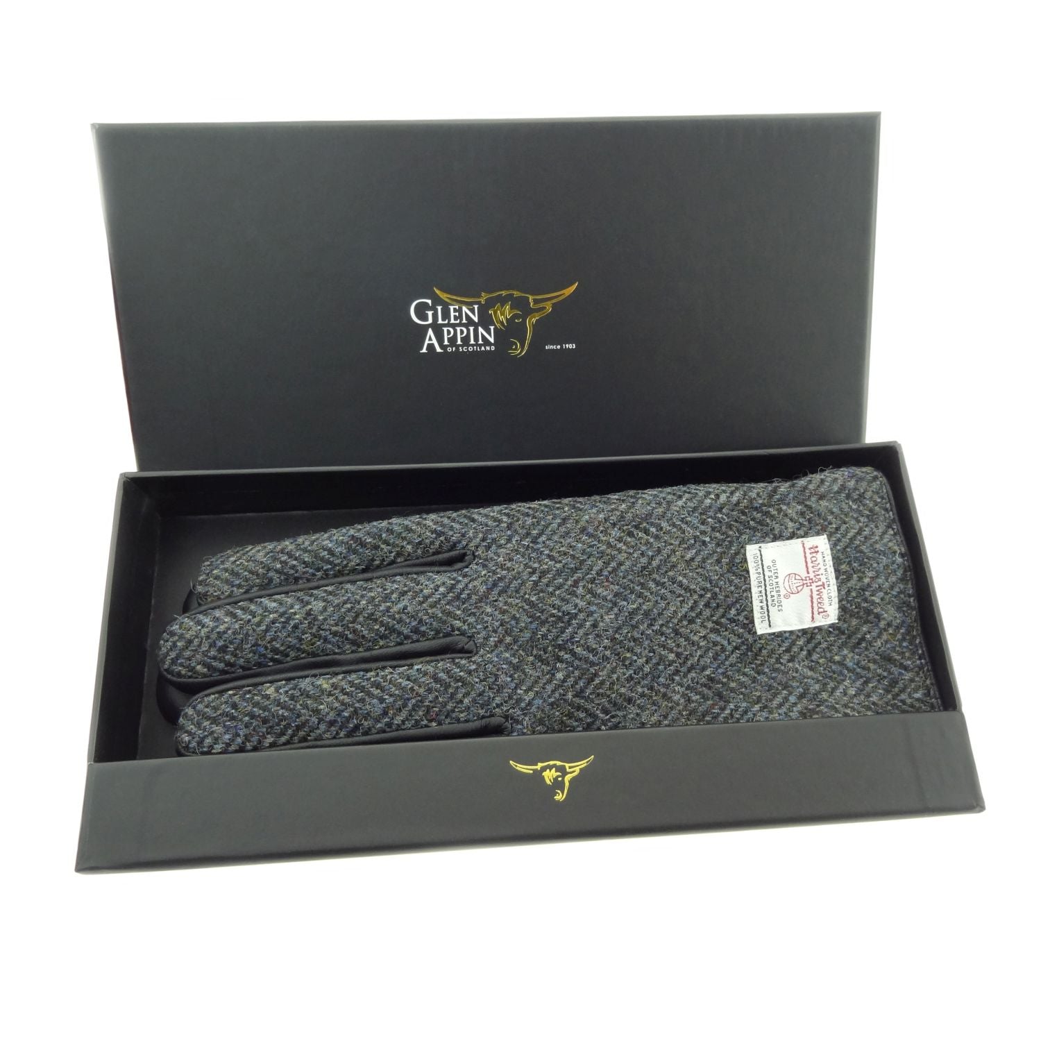Men’s Black Leather & Harris Tweed Gloves Gift Boxed Black & Grey