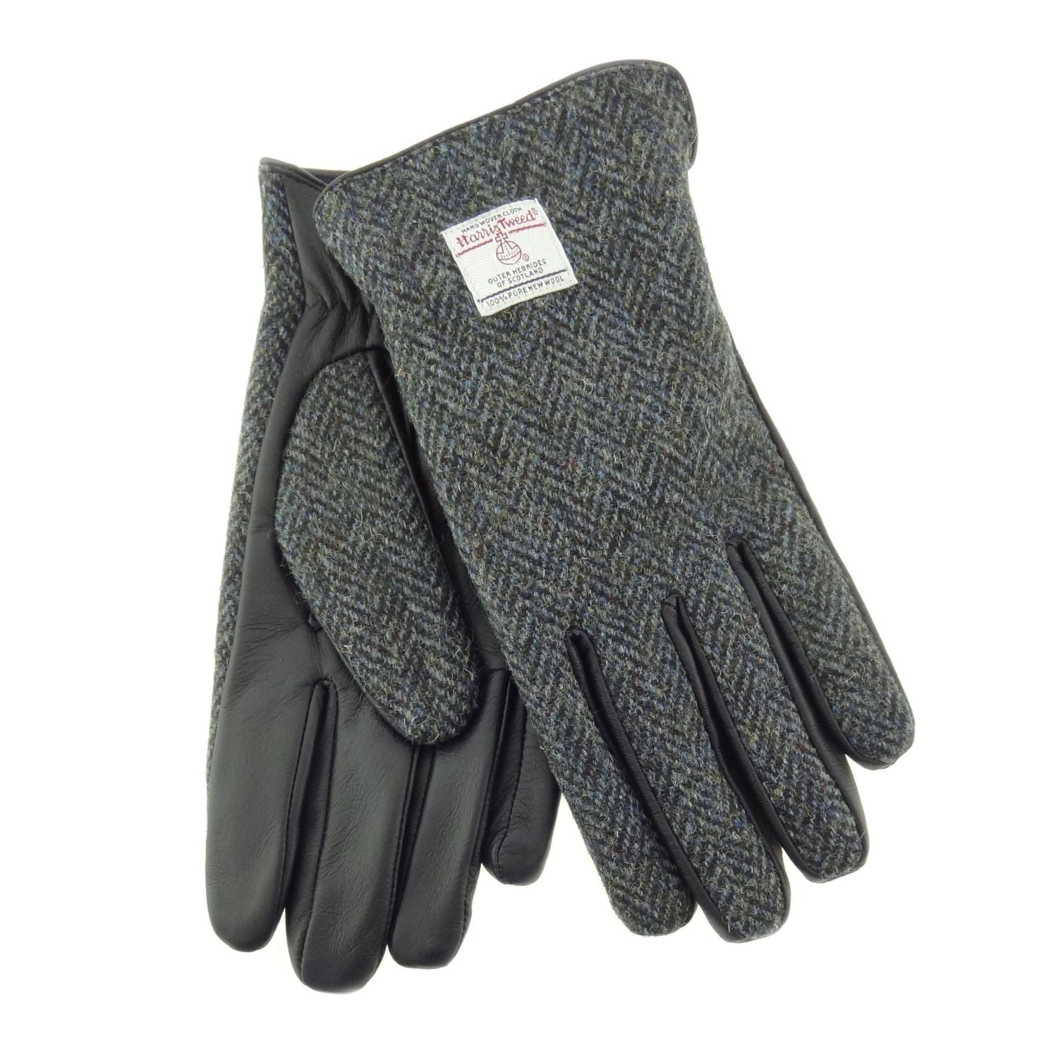 Men’s Black Leather & Grey Harris Tweed Gloves Gift Boxed