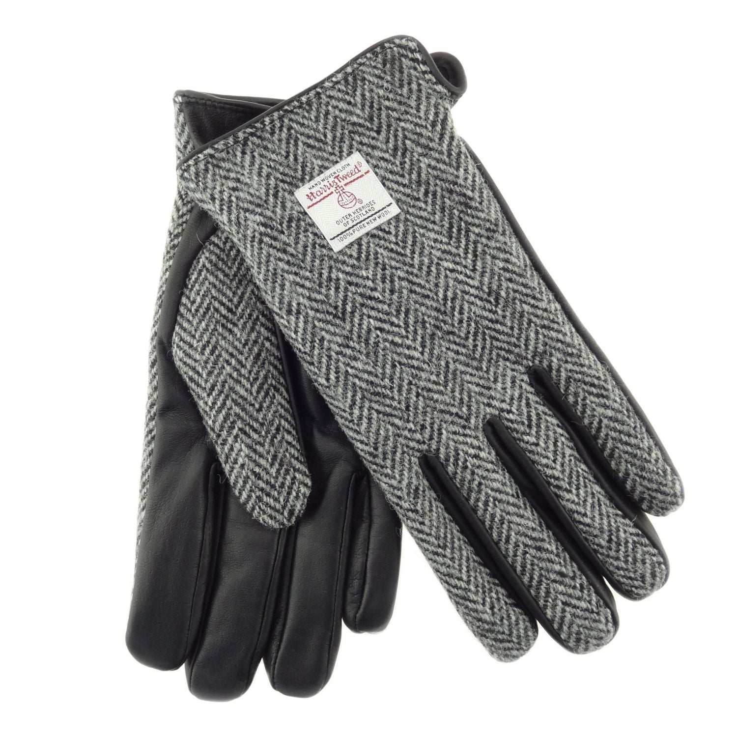 Men’s Black Leather & Harris Tweed Gloves Gift Boxed Black & Grey
