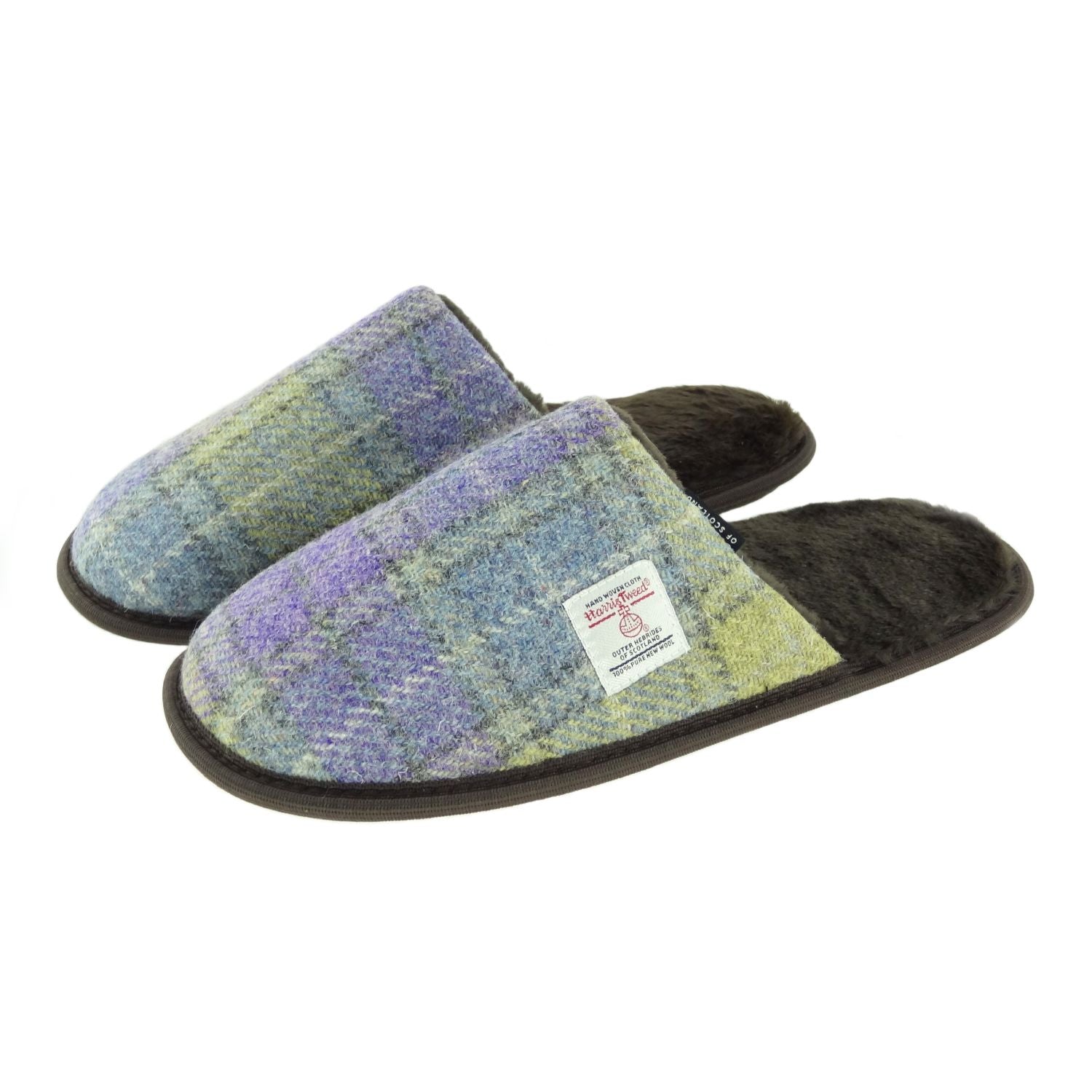 Harris Tweed Unisex Slippers with Fleece Lining Purple & Green Check Fabric - COL112 | Harris Tweed Scotland