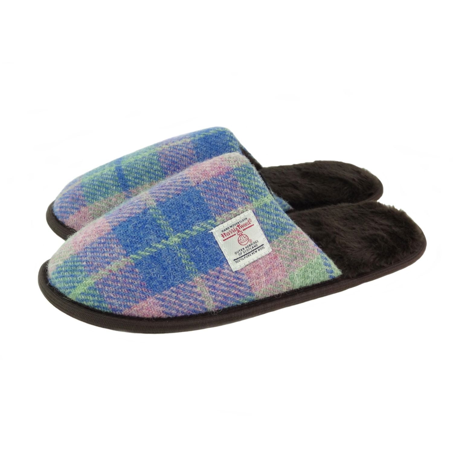 Harris Tweed Unisex Slippers with Fleece Lining Blue & Purple Check Fabric - COL135 | Harris Tweed Scotland