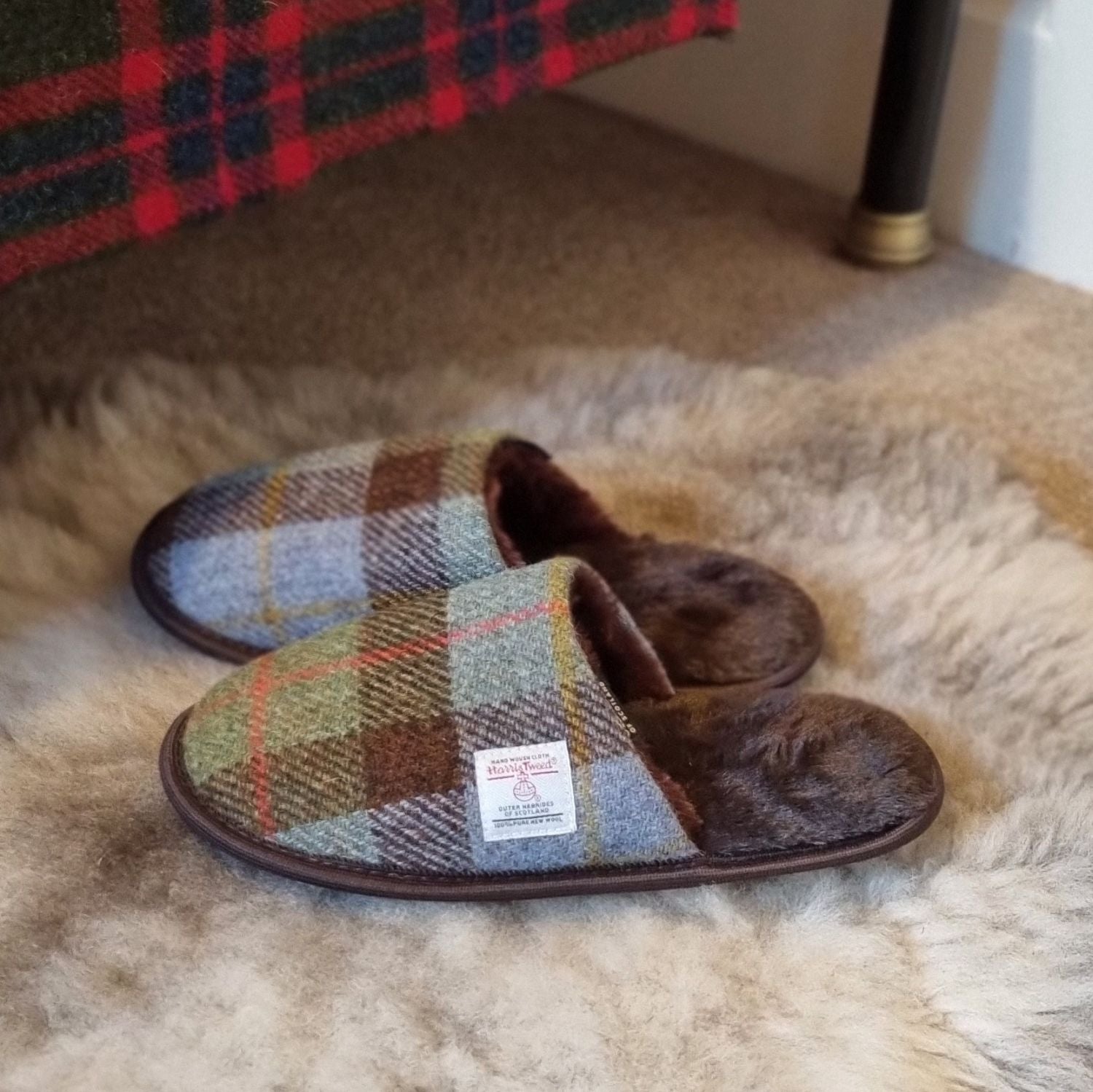 Harris Tweed Slippers with Fleece Lining Blue & Purple Fabric - COL79 – Image 2 | Harris Tweed Scotland